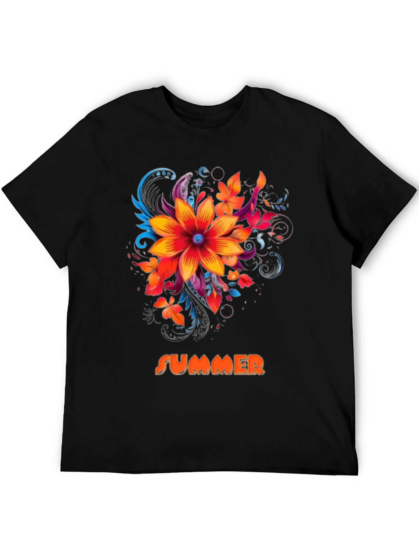 Summer Floral Graphic Print Mens Black T-Shirt