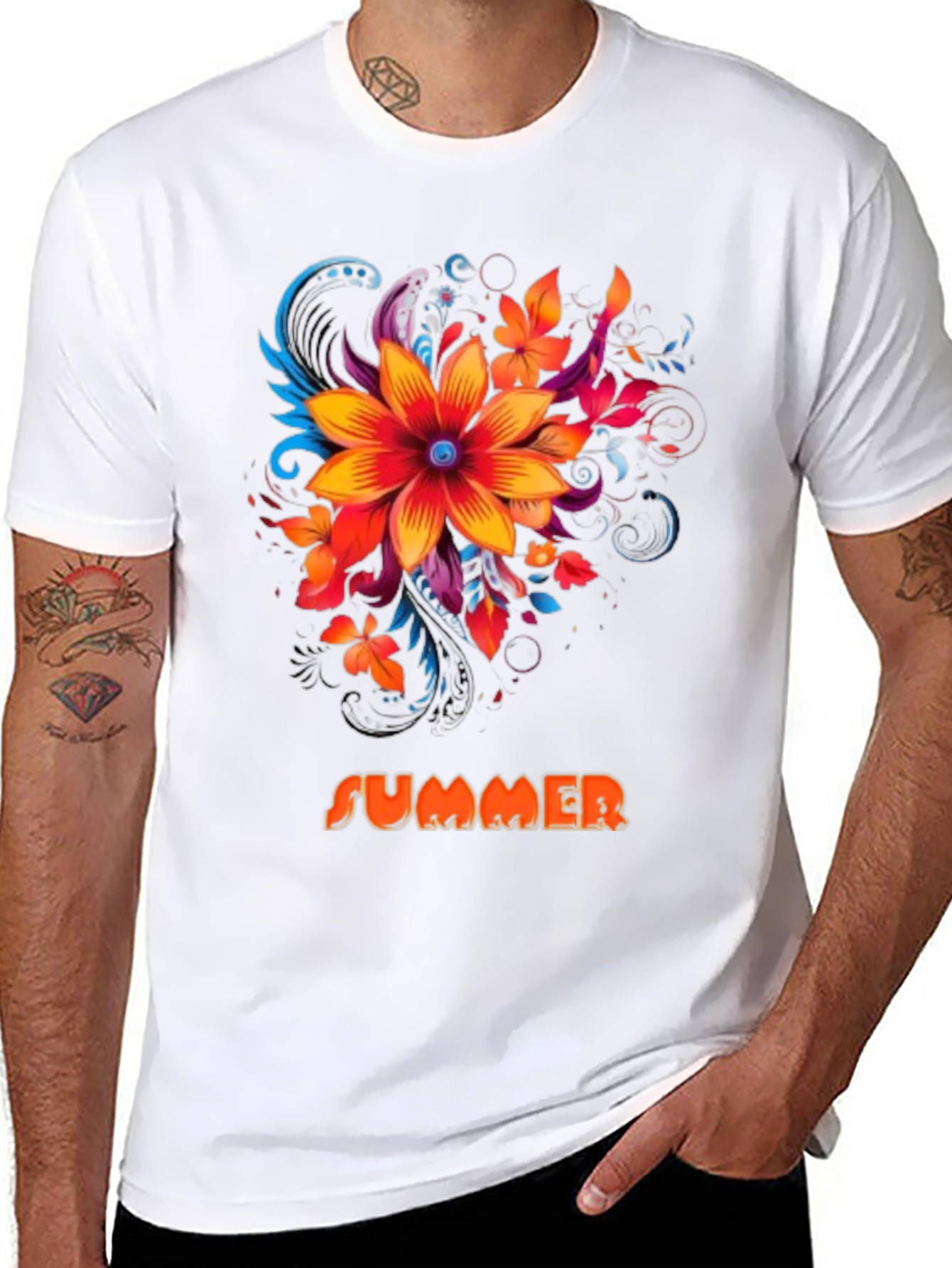 Summer Floral Graphic Print Mens Black T-Shirt