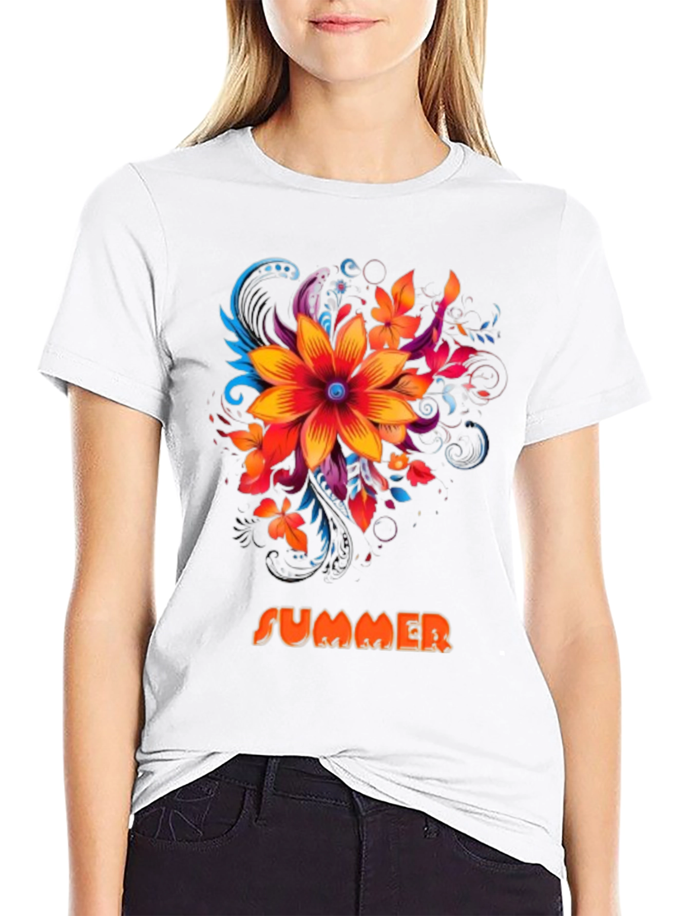 Summer Floral Graphic Print Mens Black T-Shirt