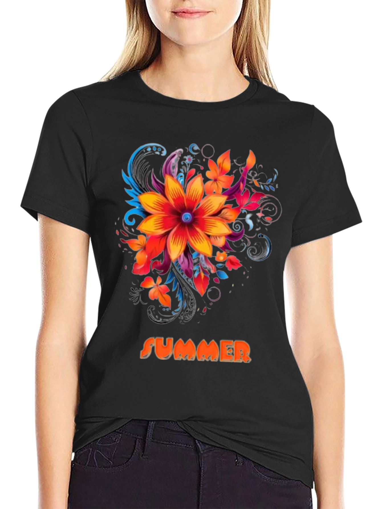 Summer Floral Graphic Print Mens Black T-Shirt