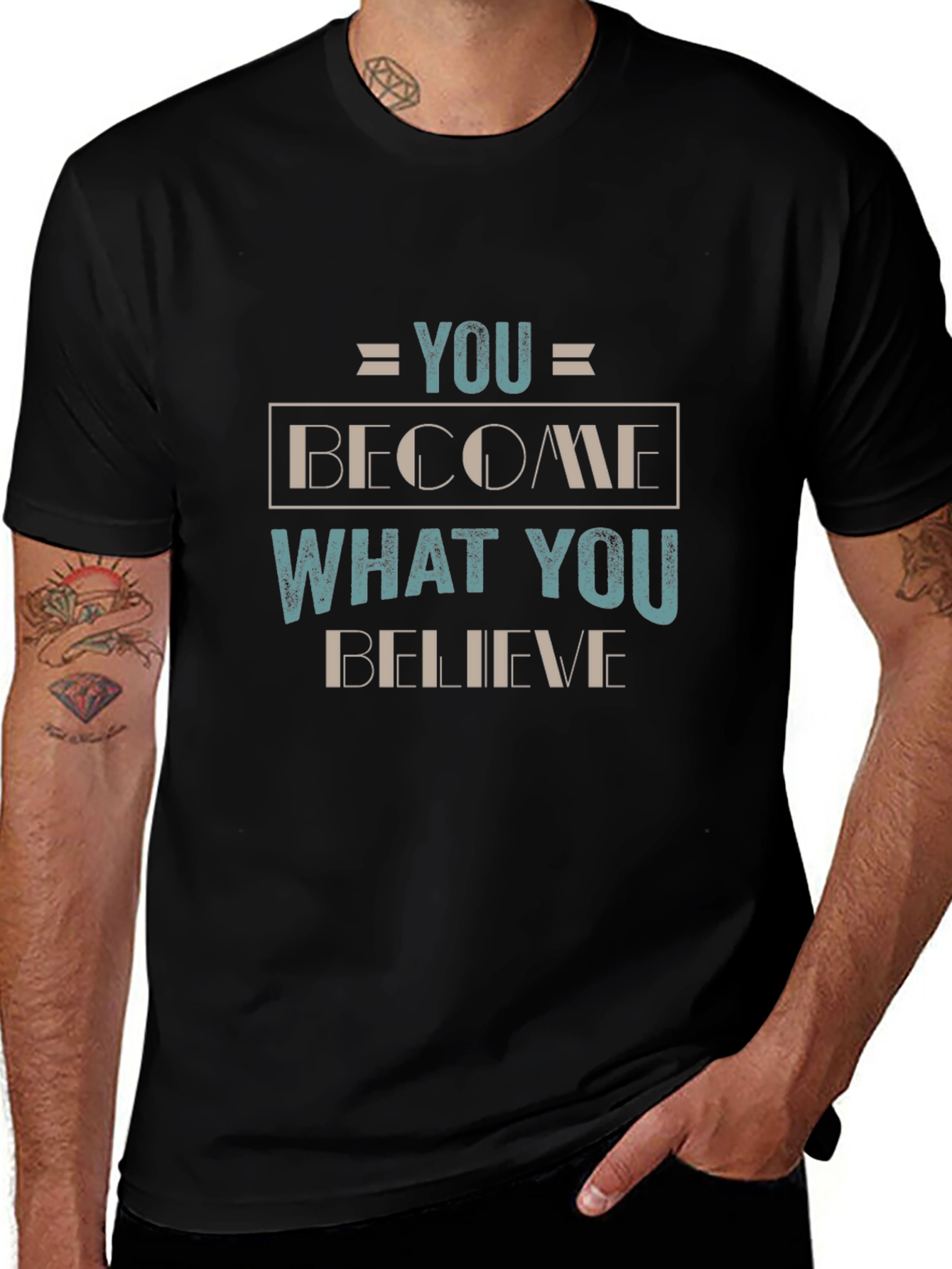 Motivational Black T-Shirt: You Become What You Believe
