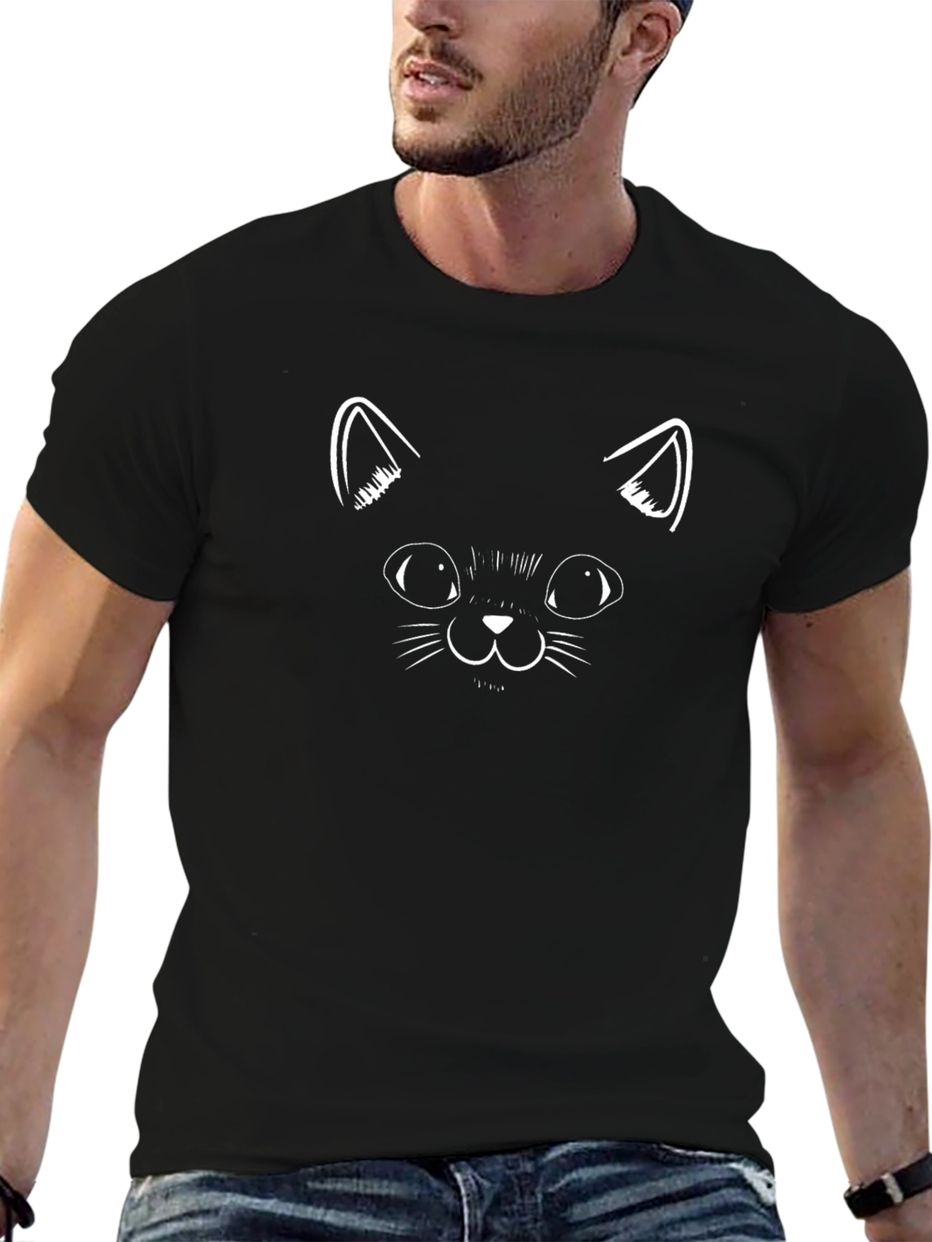 Black Cat Face Graphic Tee - Mens Crewneck T-Shirt