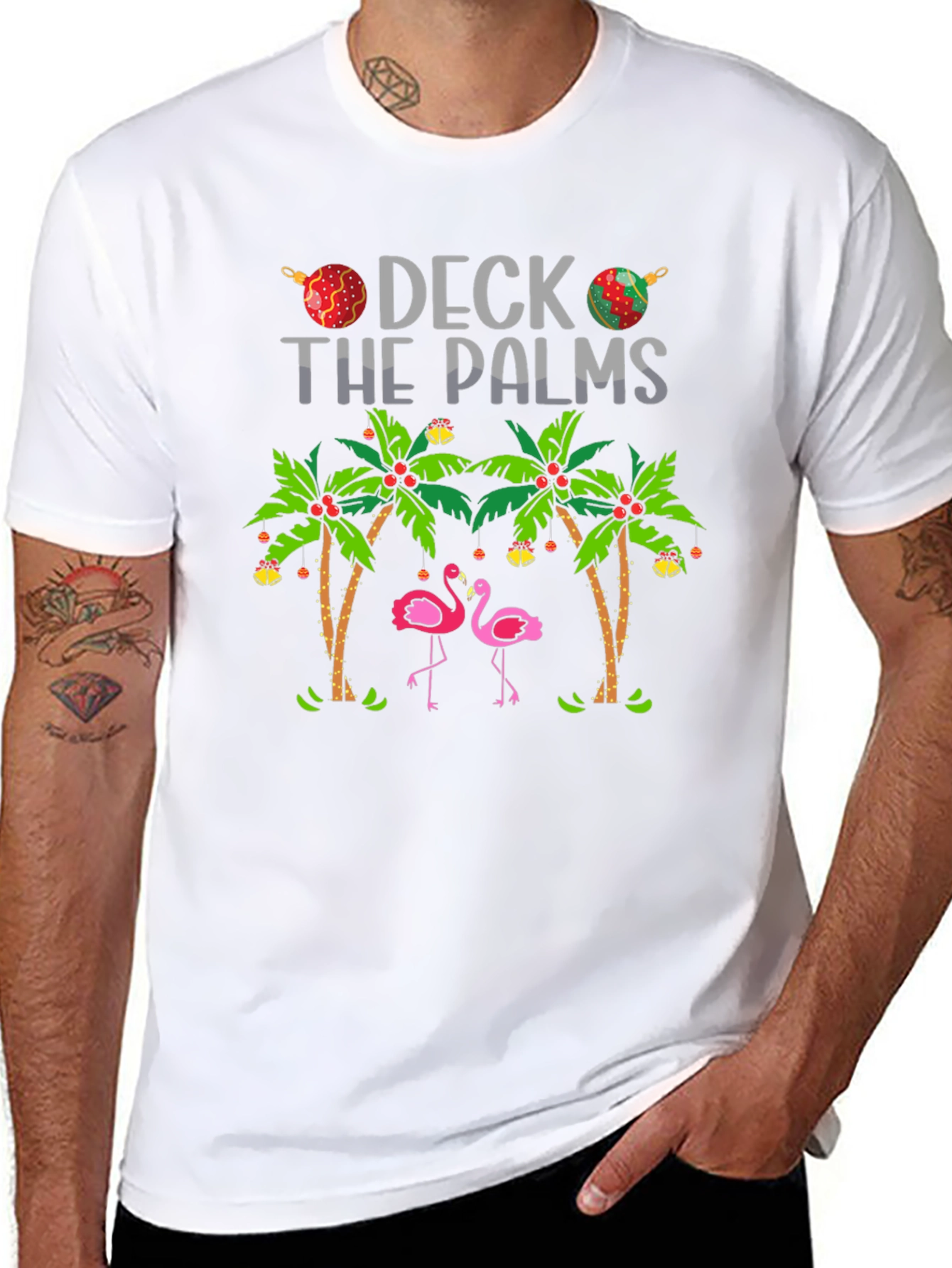 Deck the Palms Flamingo T-Shirt - Holiday Beach Vibes