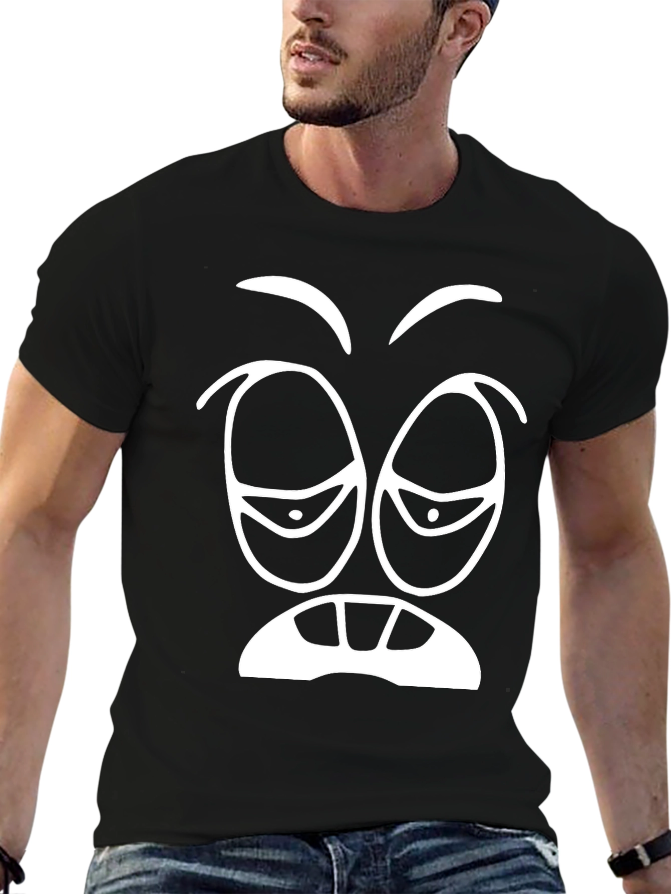 Funny Tired Face Graphic Tee - Black Cotton T-Shirt