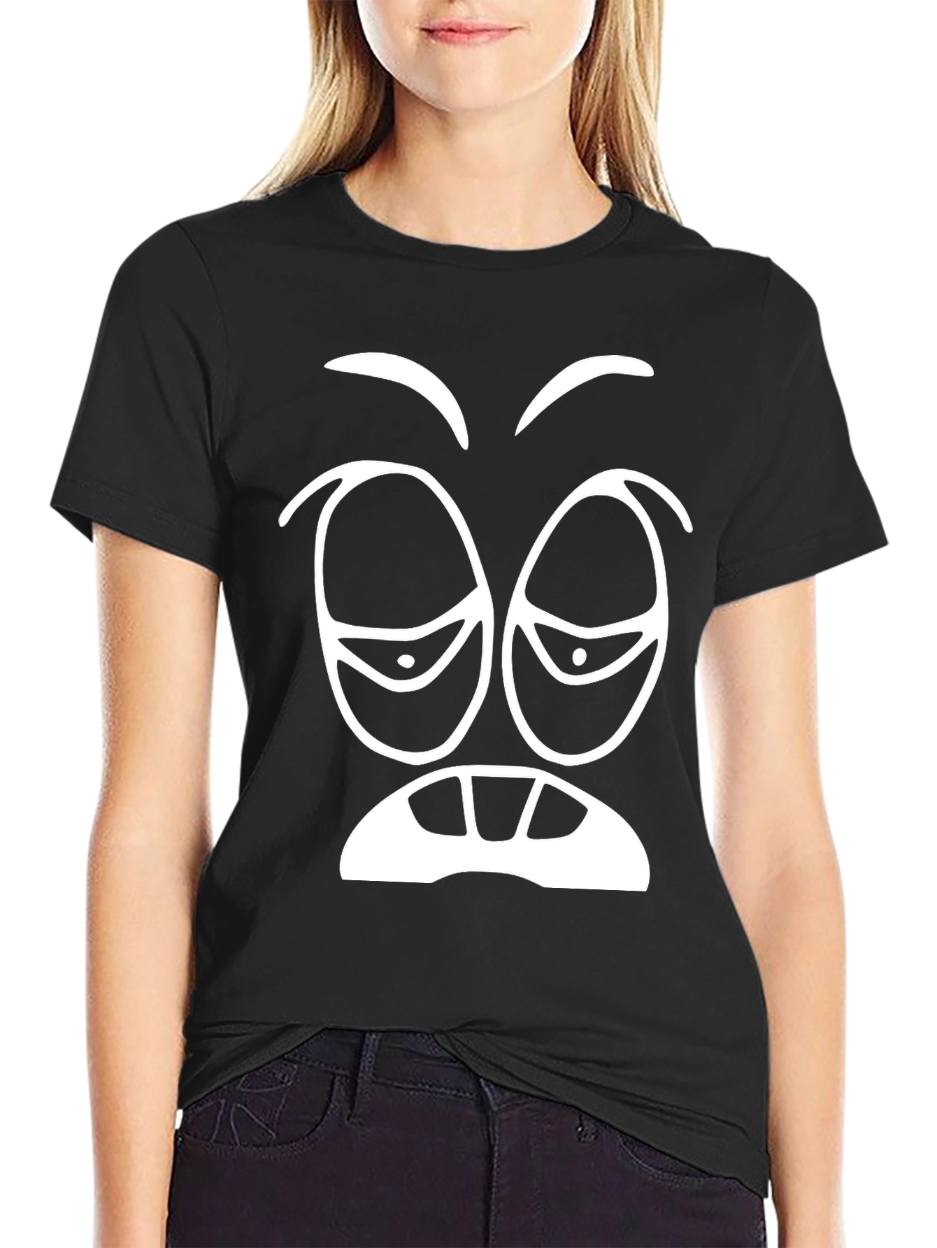 Funny Tired Face Graphic Tee - Black Cotton T-Shirt
