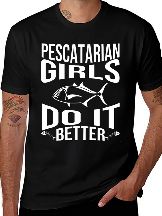 Pescatarian Girls Do It Better Black Graphic T-Shirt