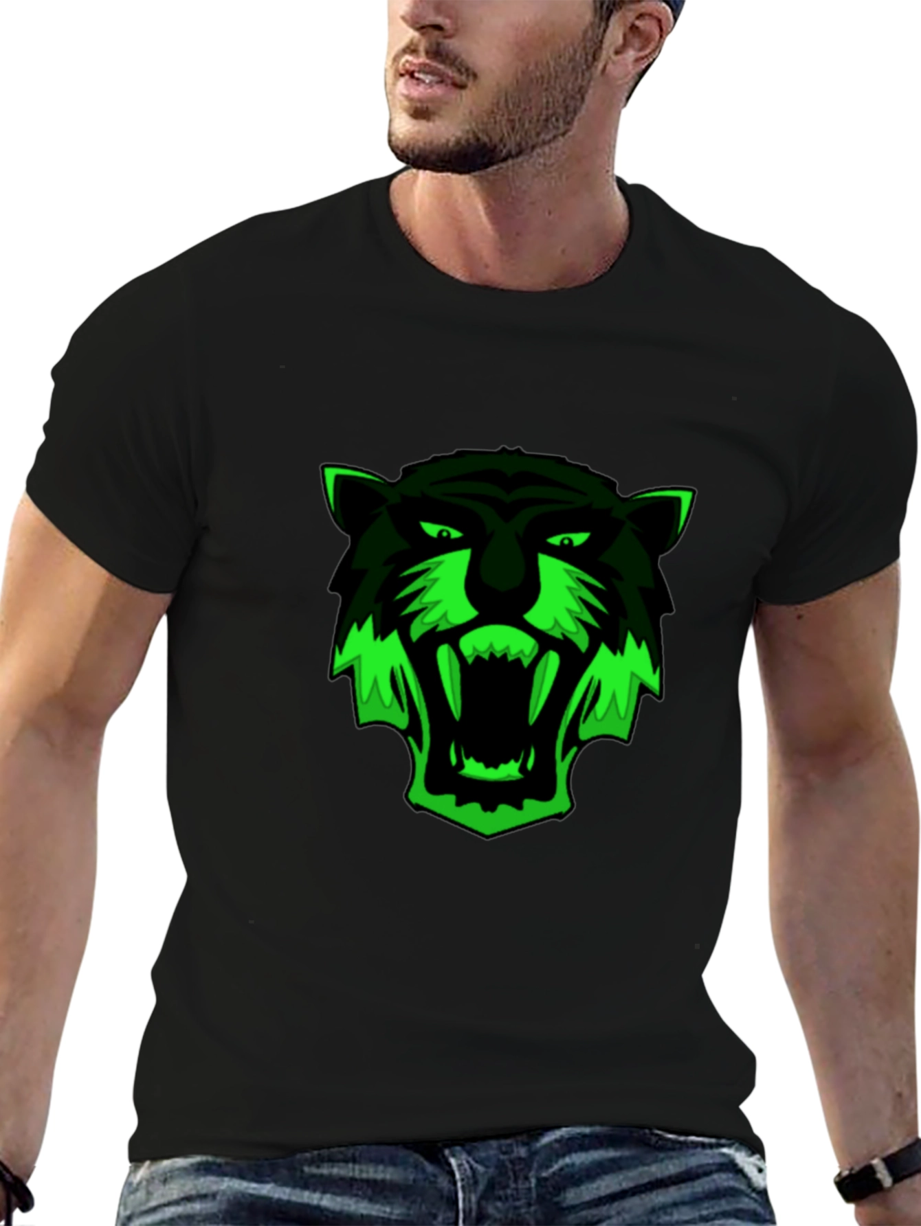 Black T-Shirt with Green Tiger Graphic