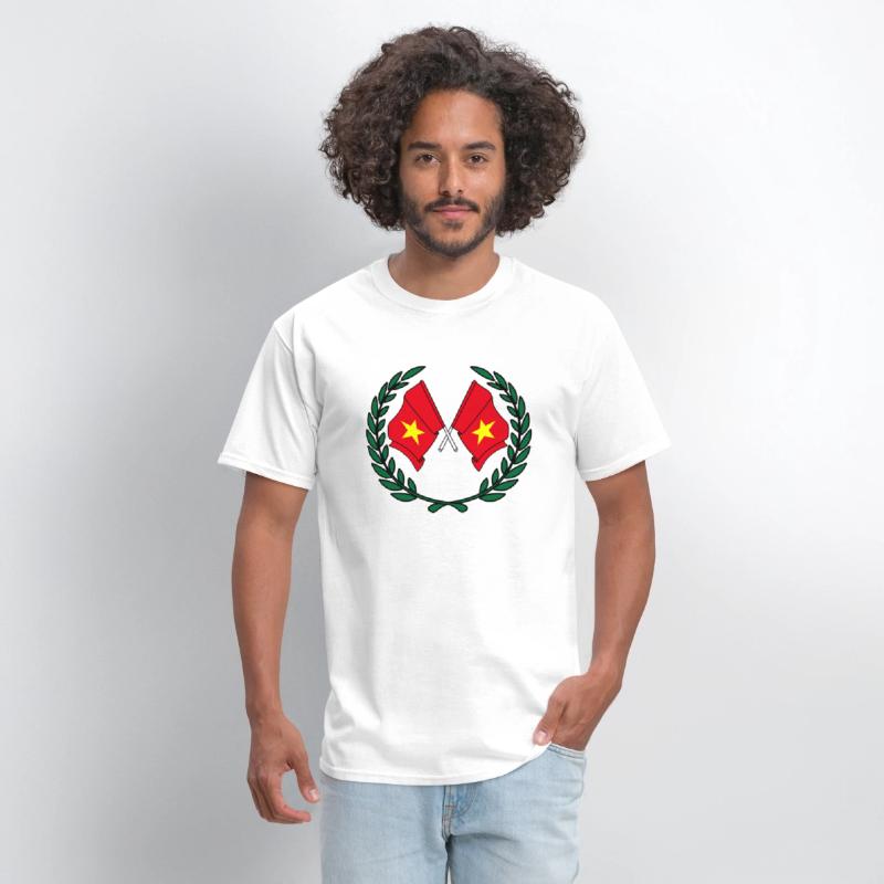 Two flags of Vietnam in green laurel wreath