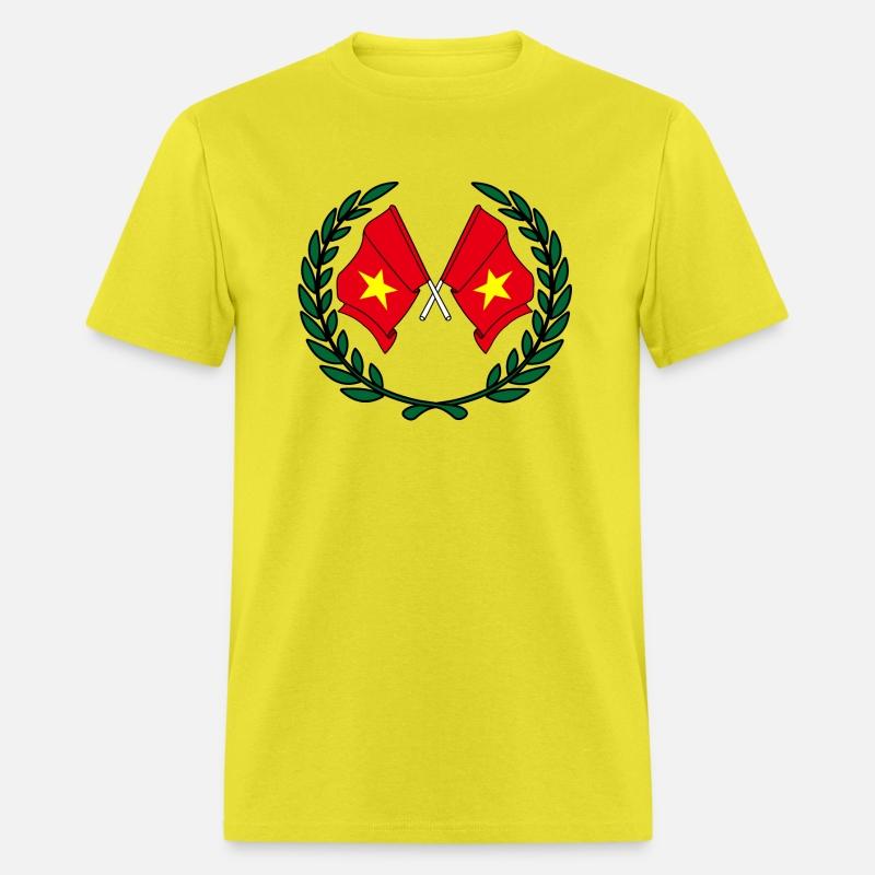 Two flags of Vietnam in green laurel wreath