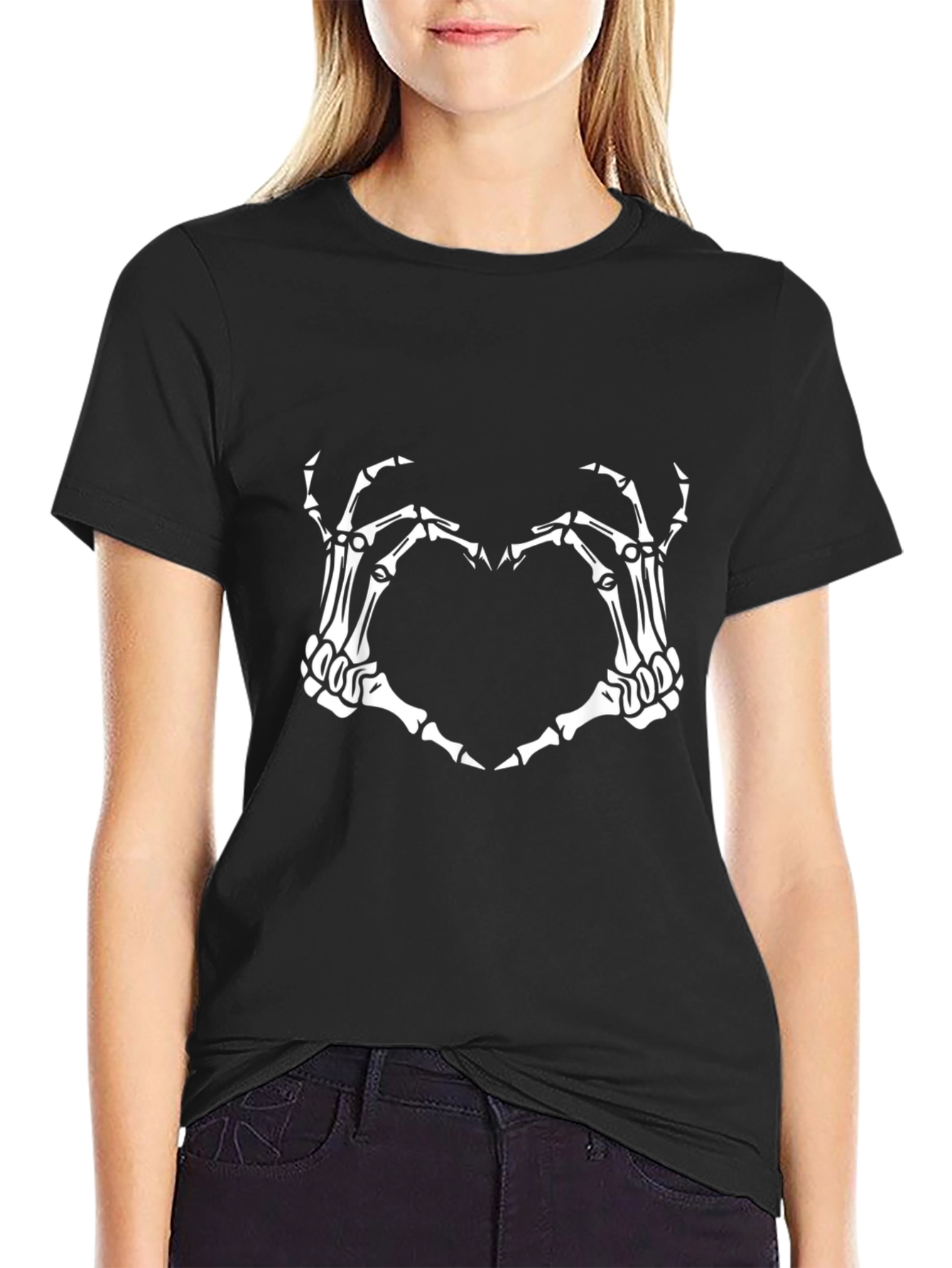 Skeleton Hand Heart Graphic Tee - Black Cotton Blend