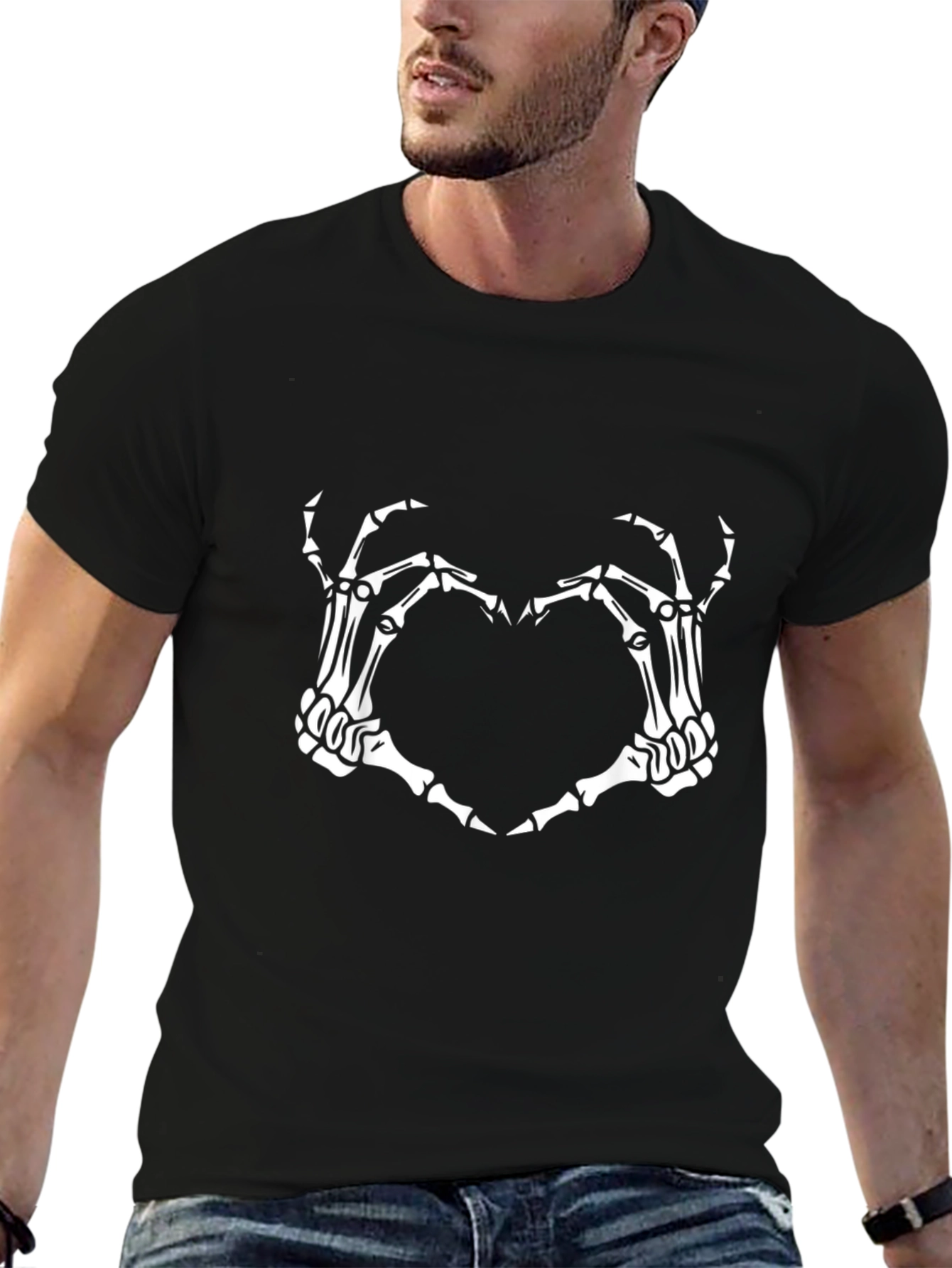 Skeleton Hand Heart Graphic Tee - Black Cotton Blend