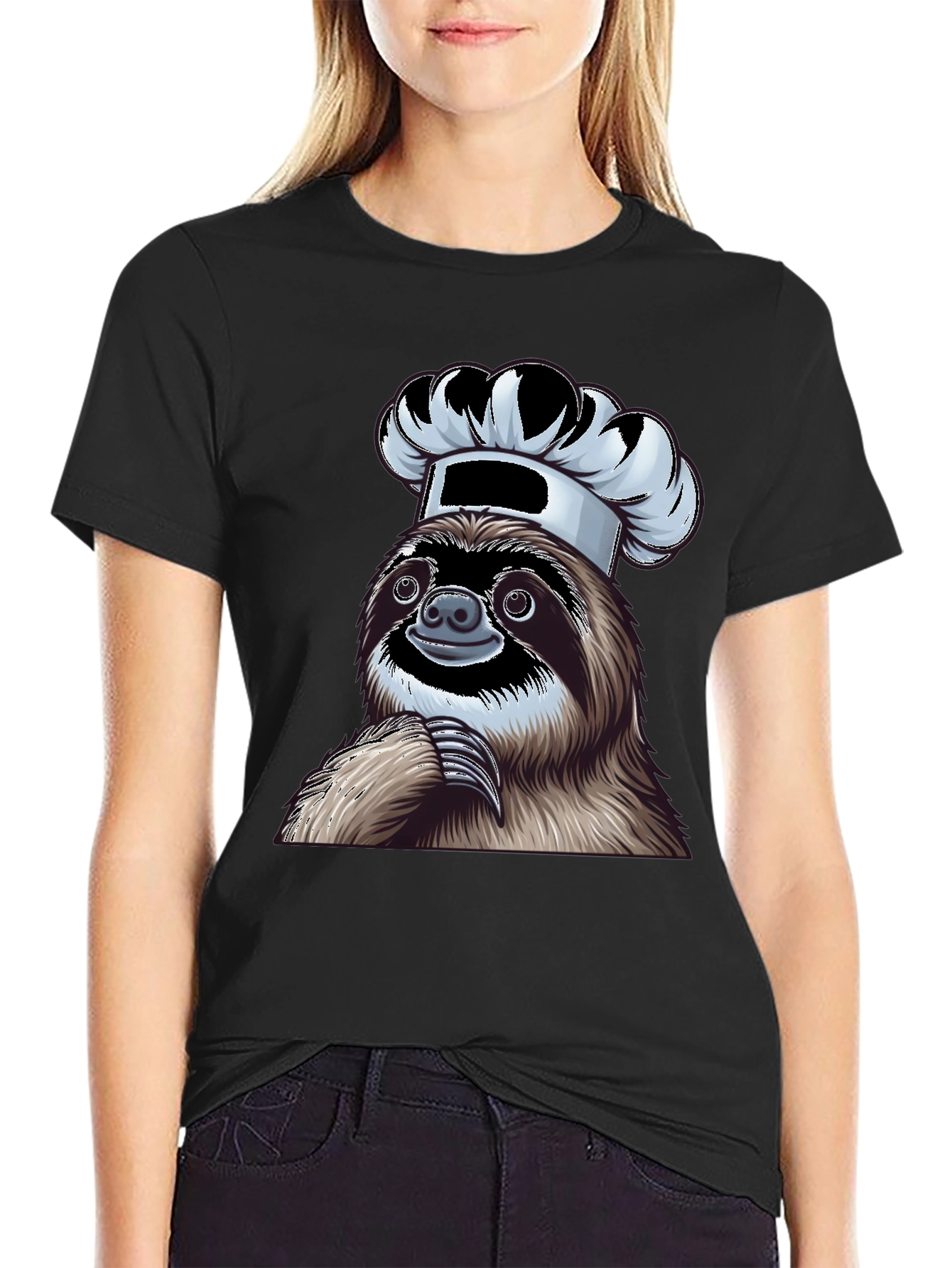 Chef Sloth Graphic Tee - Unisex Black Cotton T-Shirt