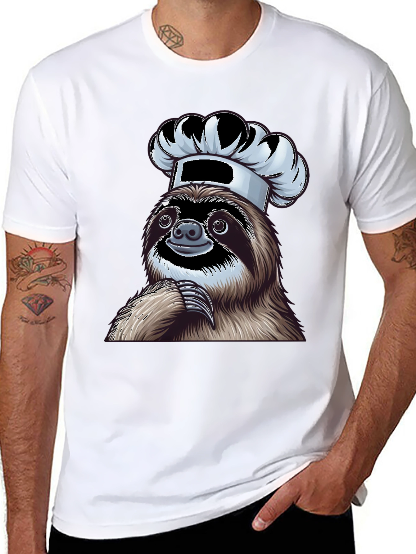Chef Sloth Graphic Tee - Unisex Black Cotton T-Shirt