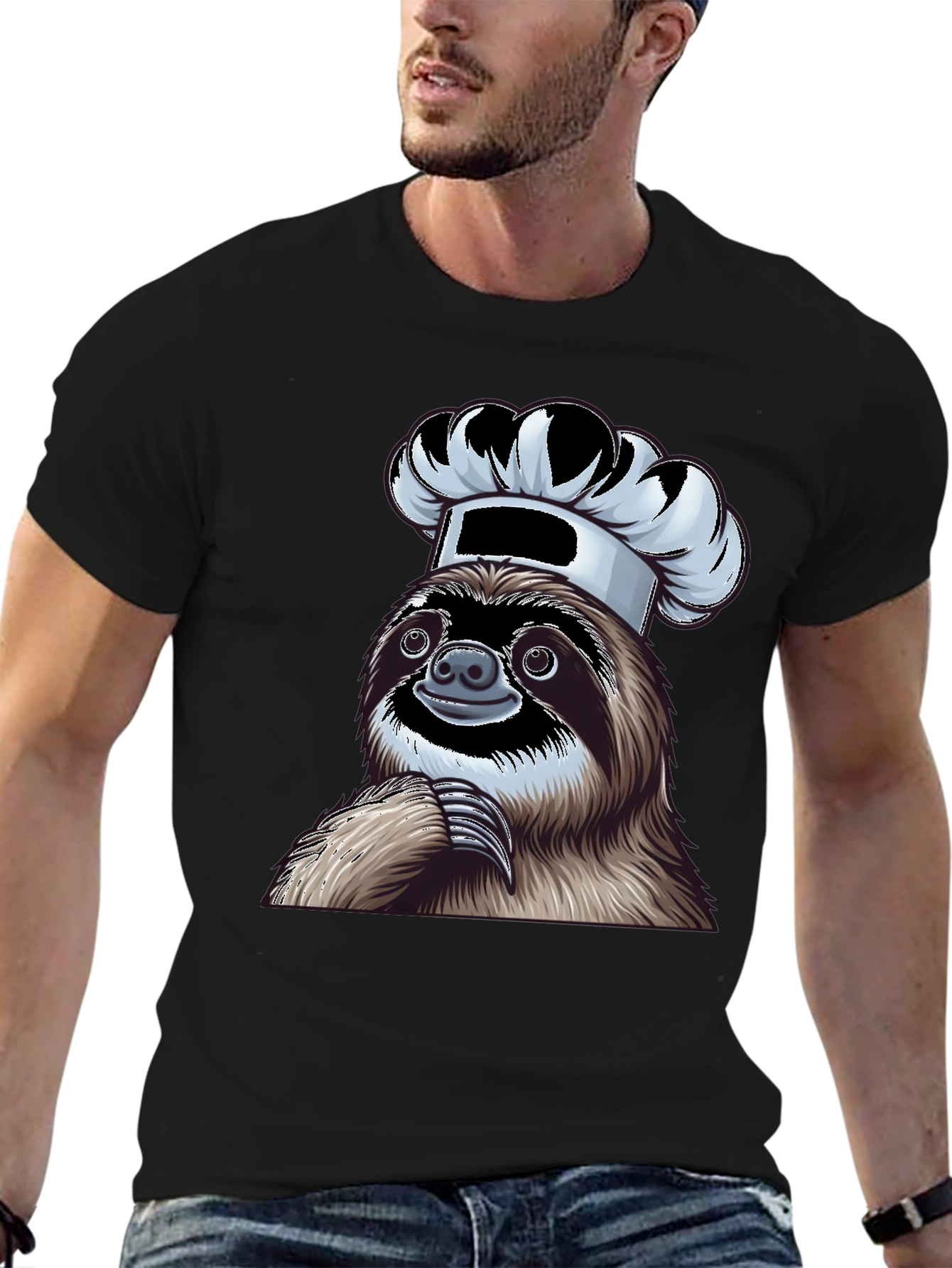 Chef Sloth Graphic Tee - Unisex Black Cotton T-Shirt