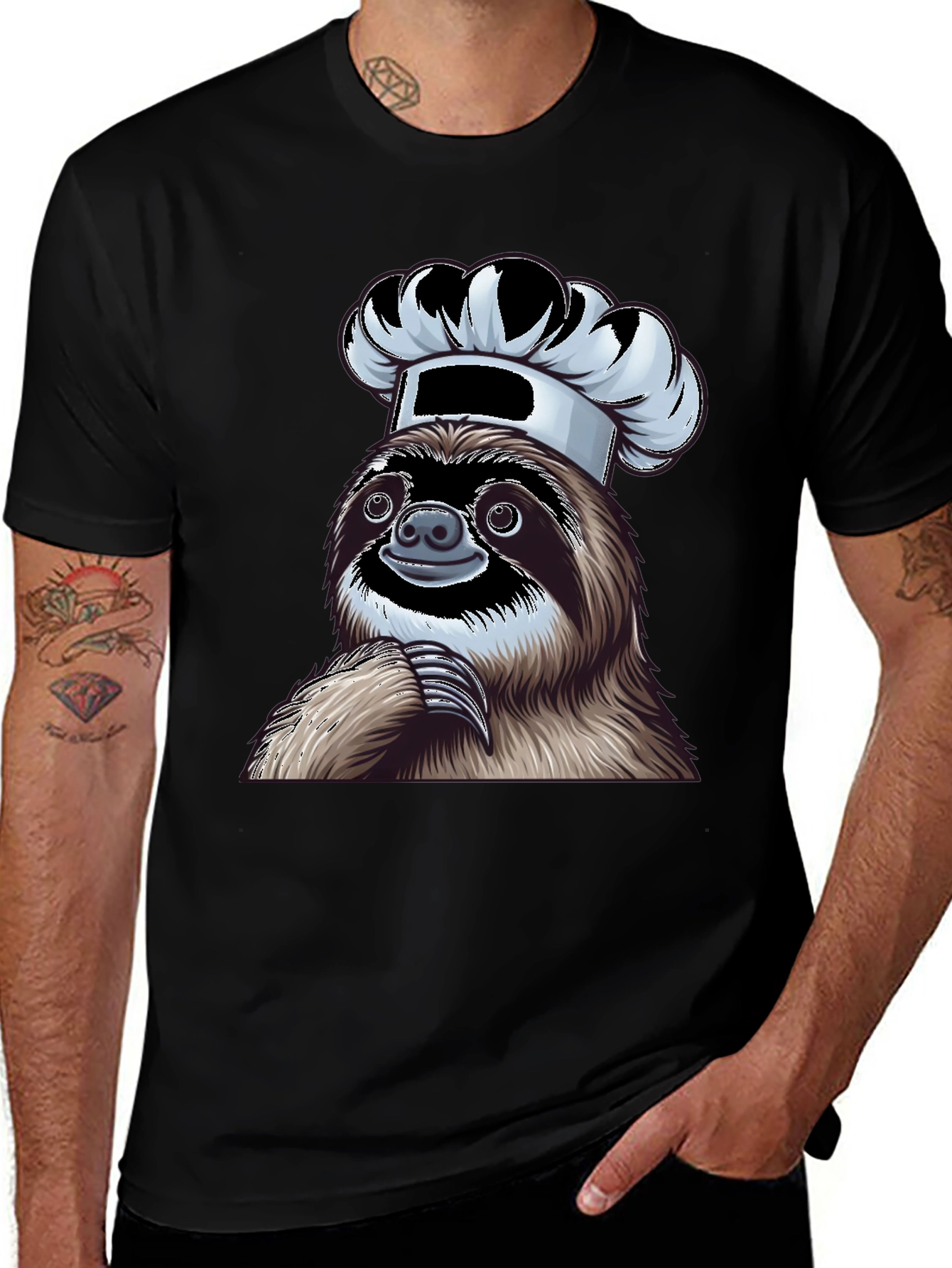 Chef Sloth Graphic Tee - Unisex Black Cotton T-Shirt