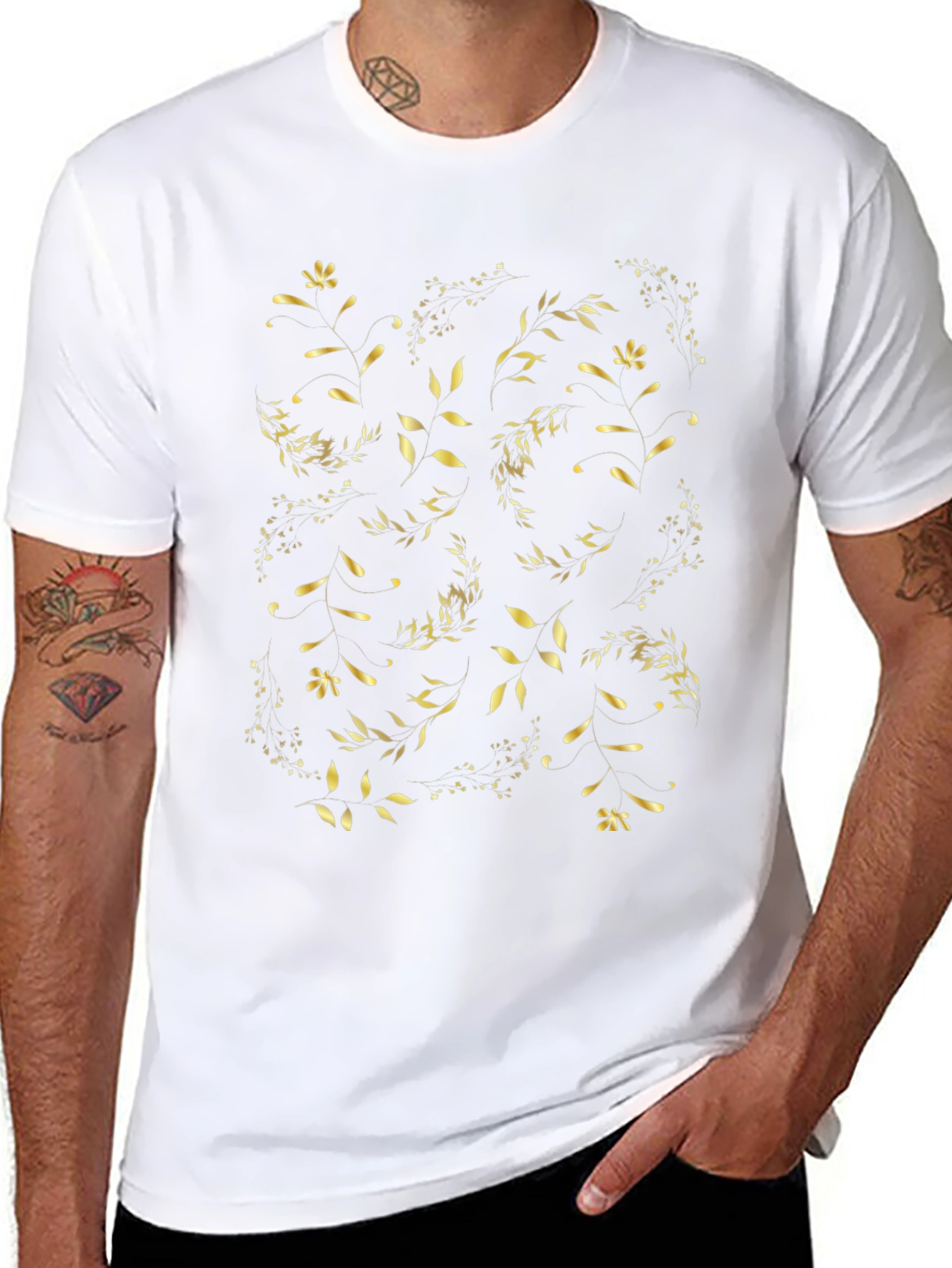 Golden Floral Print Black T-Shirt