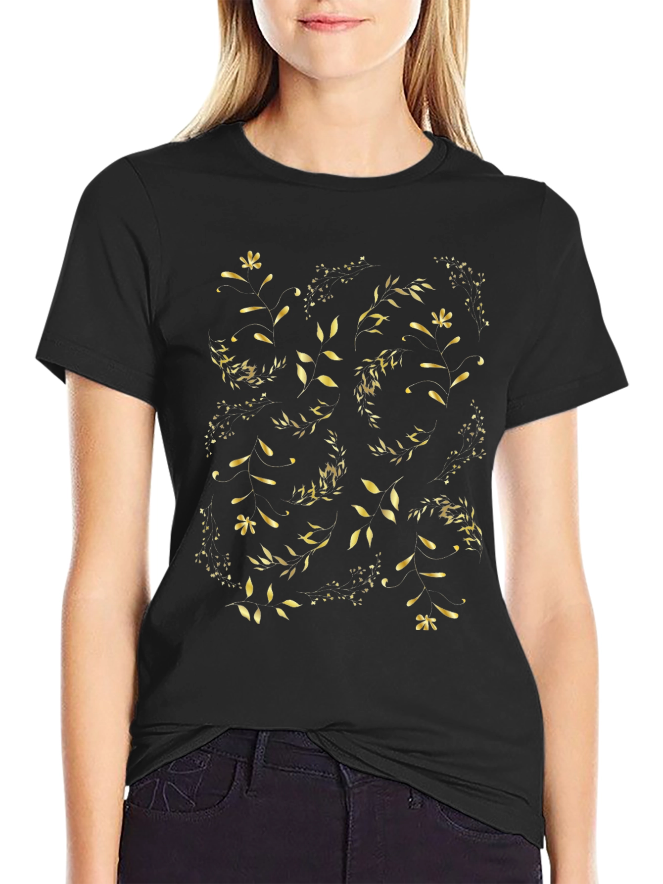Golden Floral Print Black T-Shirt
