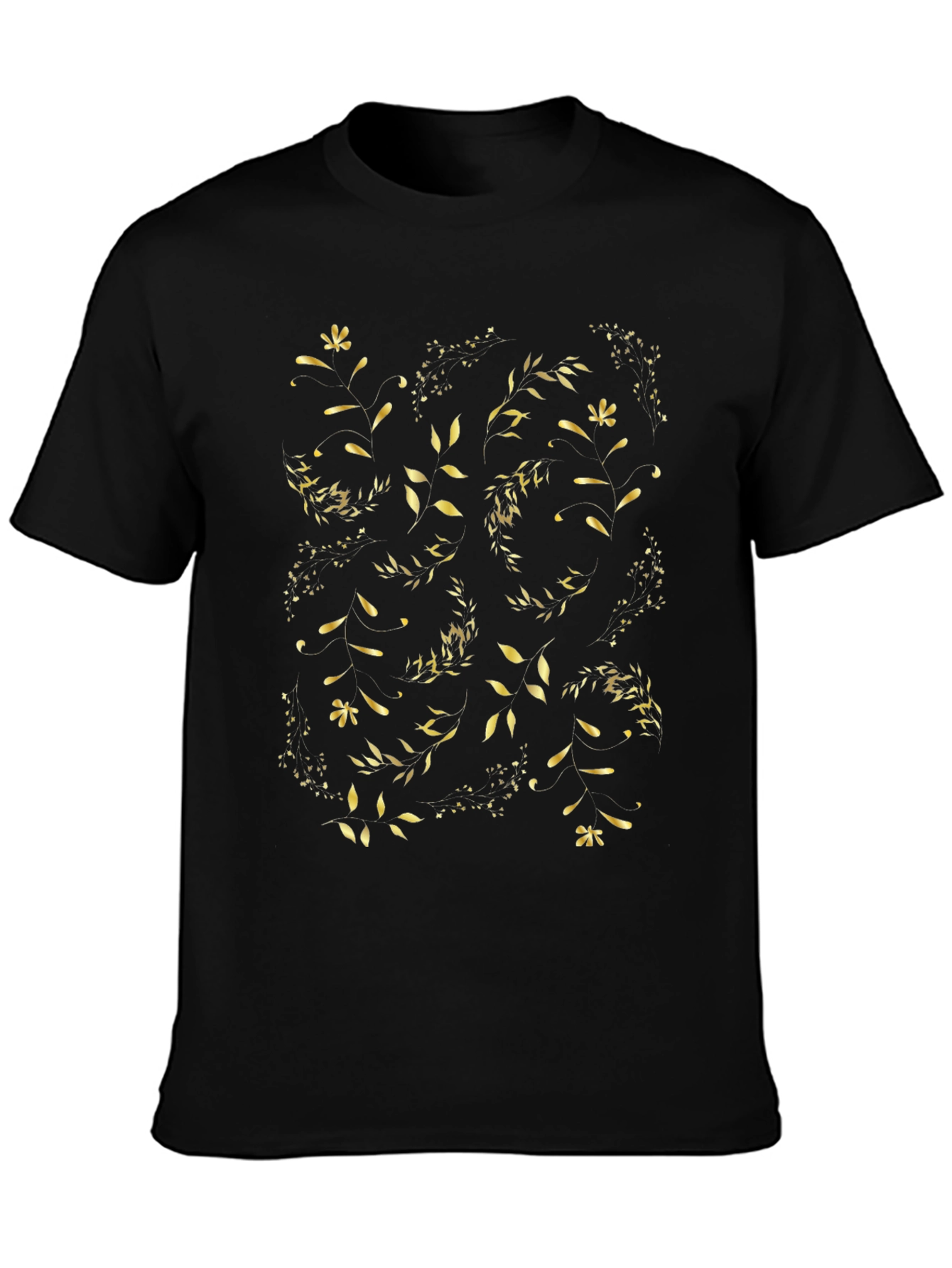 Golden Floral Print Black T-Shirt