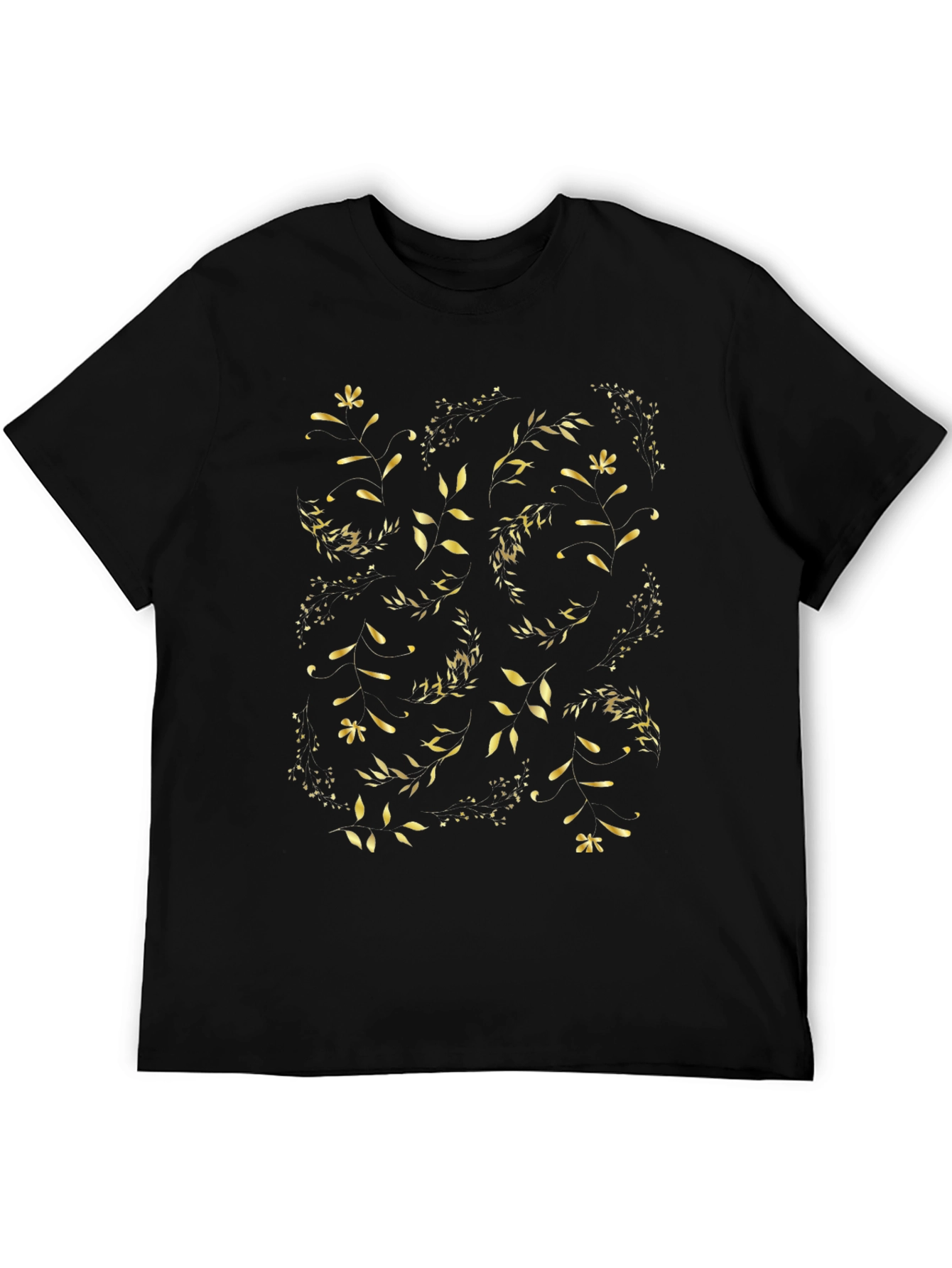 Golden Floral Print Black T-Shirt