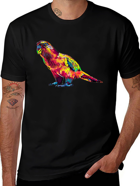 Colorful Parrot Graphic Print Black T-Shirt
