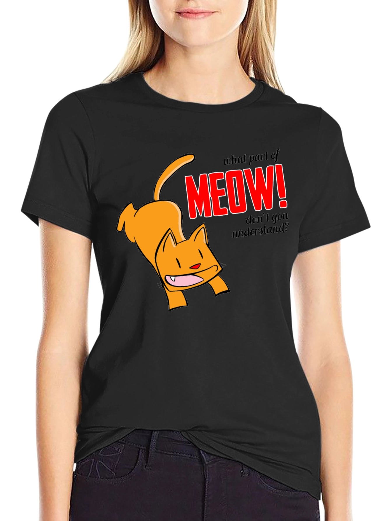 Funny Cat Meow Graphic T-Shirt - Black