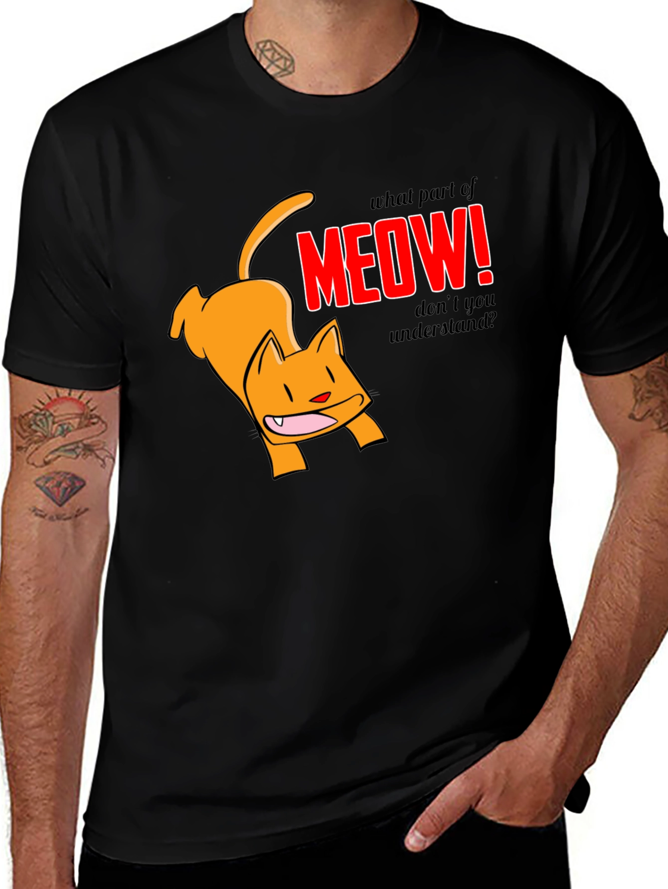 Funny Cat Meow Graphic T-Shirt - Black