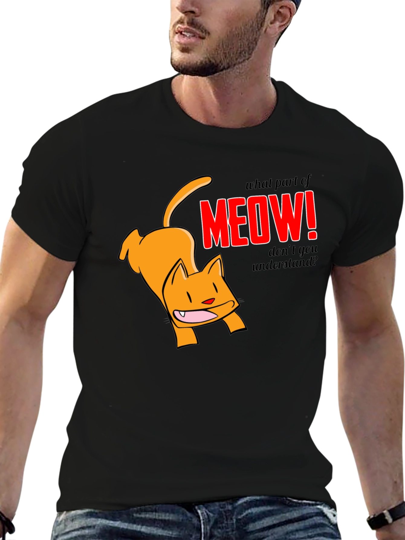 Funny Cat Meow Graphic T-Shirt - Black