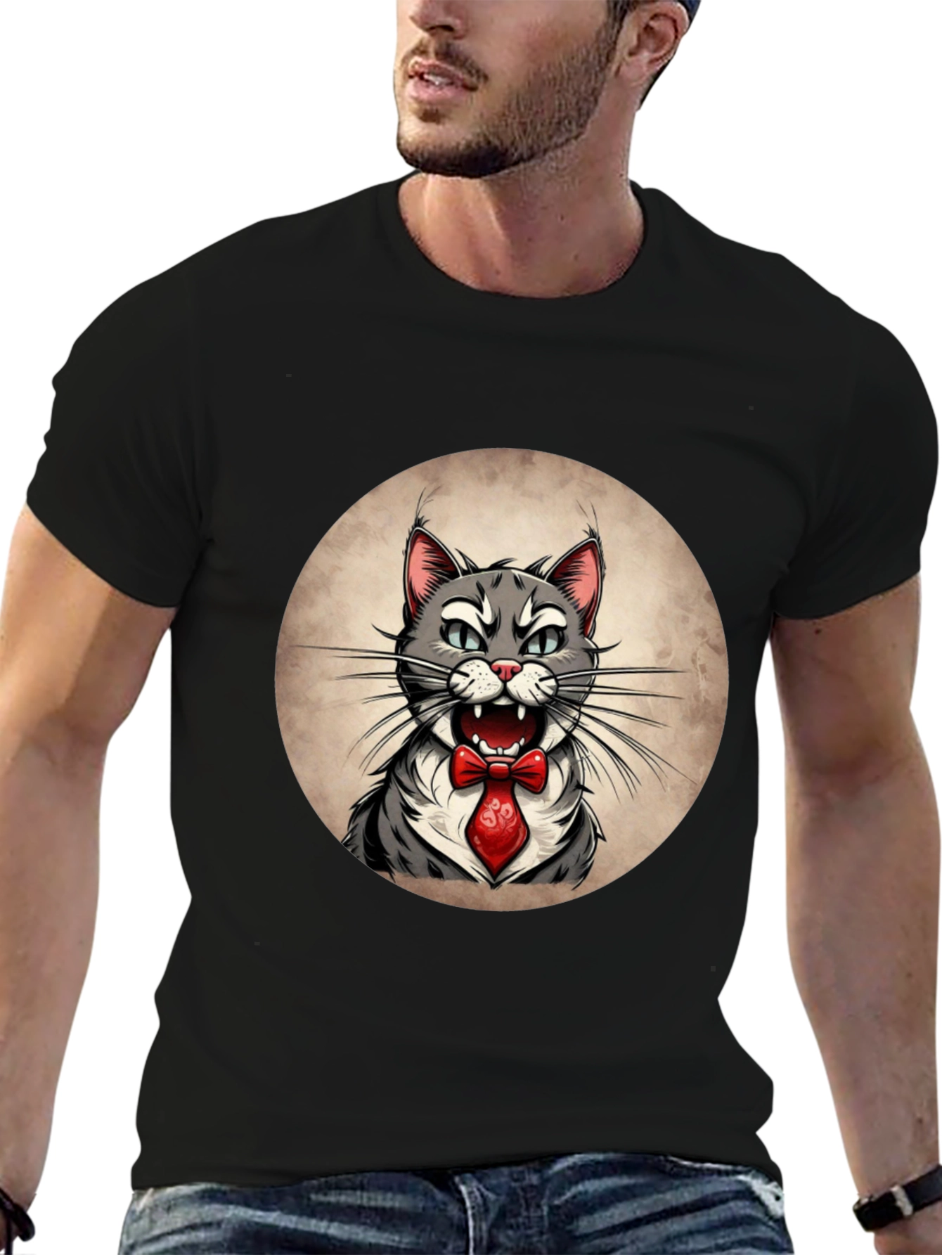 Cat in Tie Graphic Tee - Mens Black T-Shirt