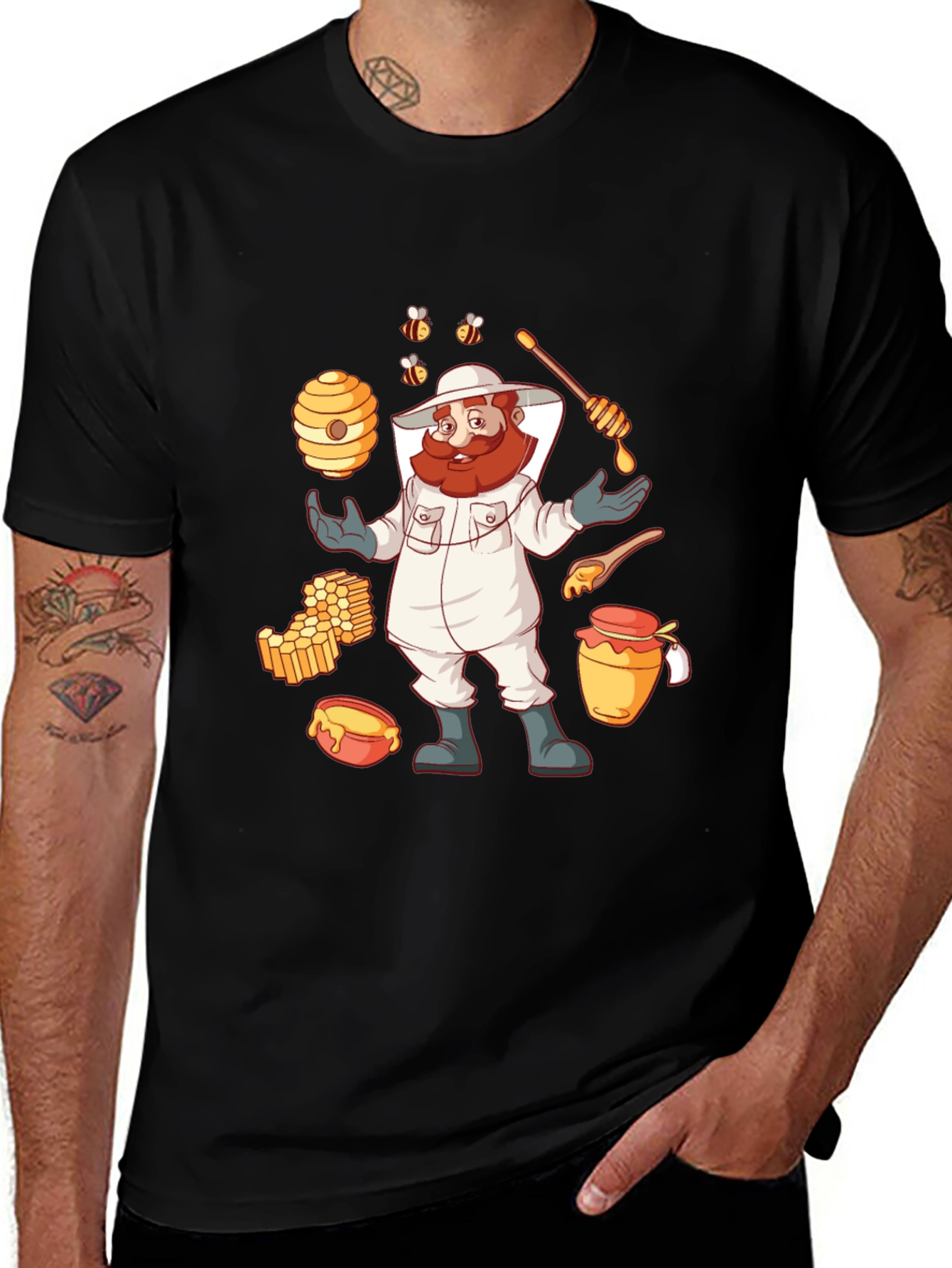 Beekeeper Cartoon Graphic T-Shirt - Black