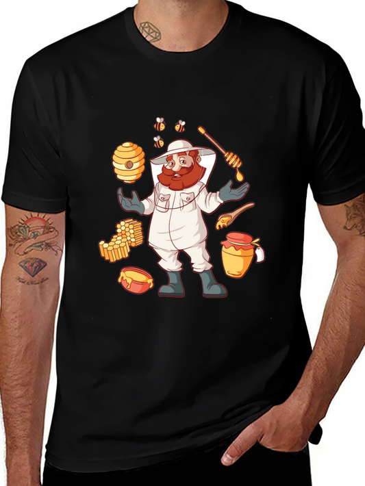 Beekeeper Cartoon Graphic T-Shirt - Black