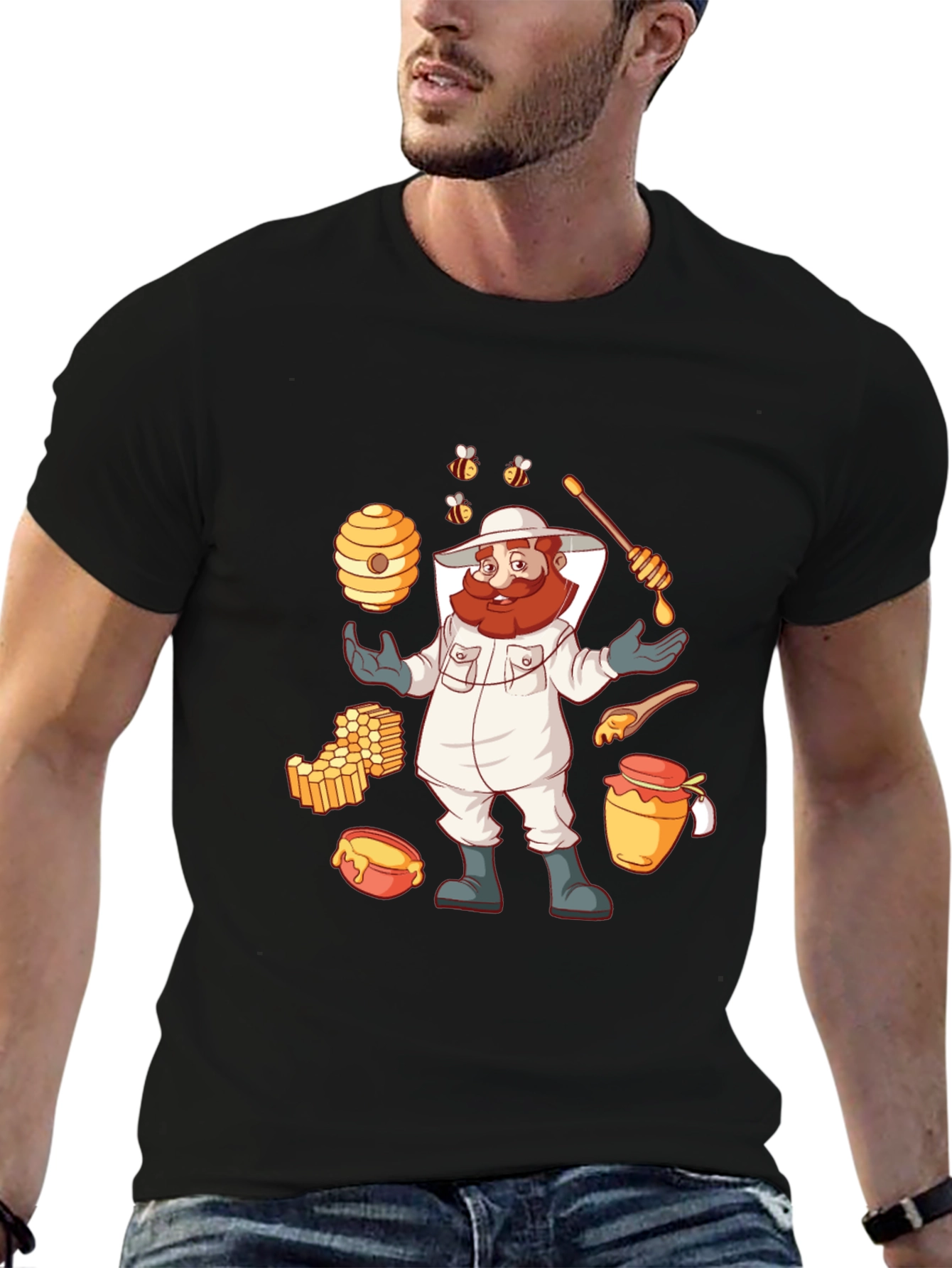 Beekeeper Cartoon Graphic T-Shirt - Black