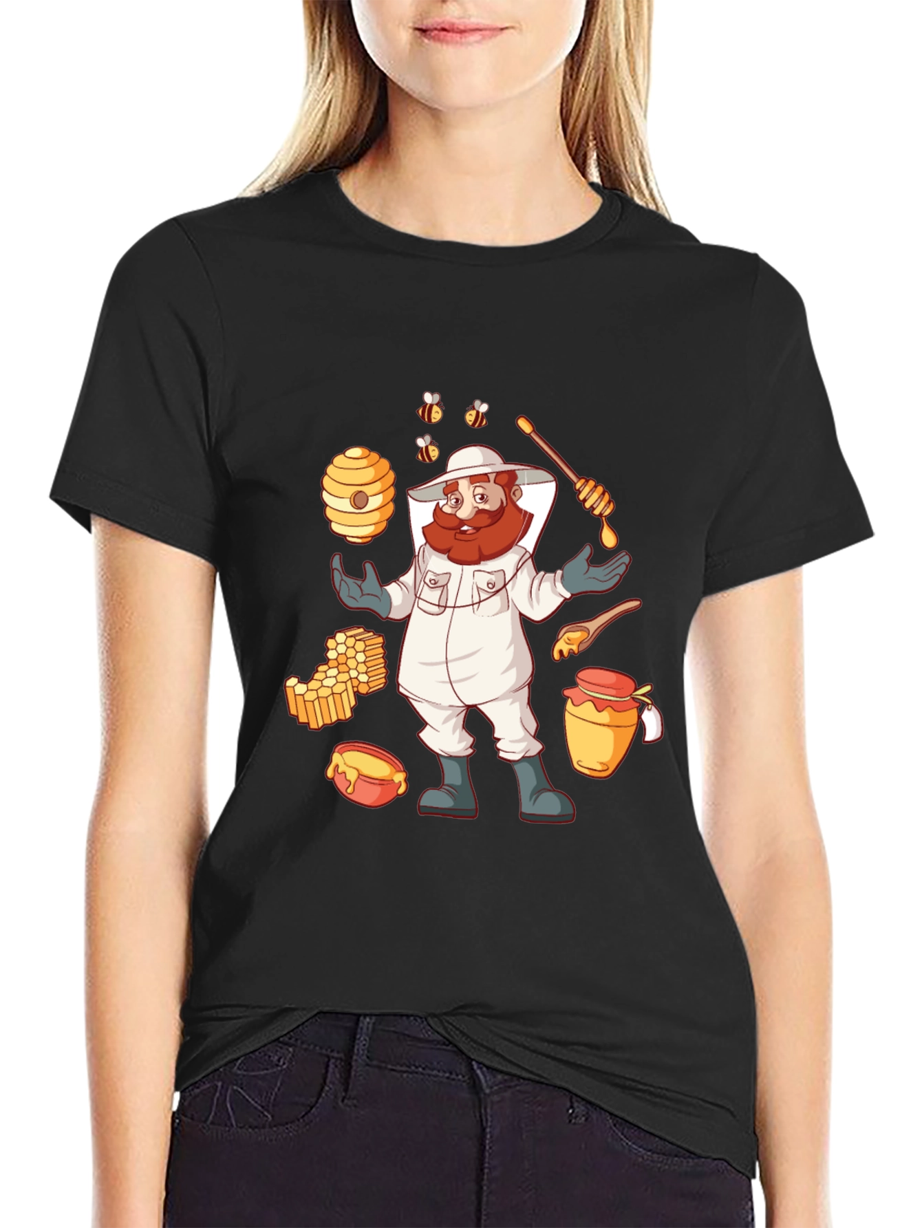 Beekeeper Cartoon Graphic T-Shirt - Black