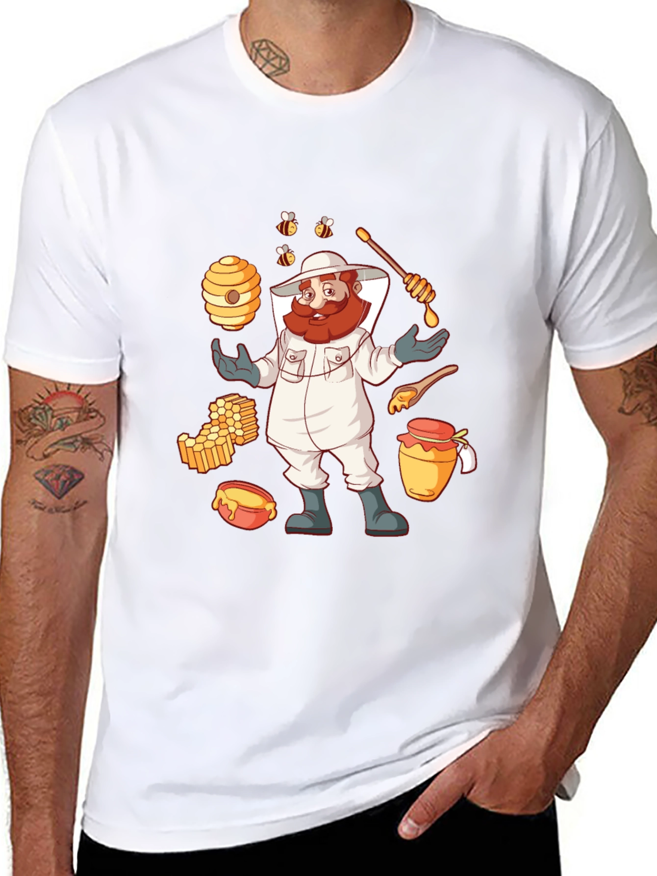 Beekeeper Cartoon Graphic T-Shirt - Black