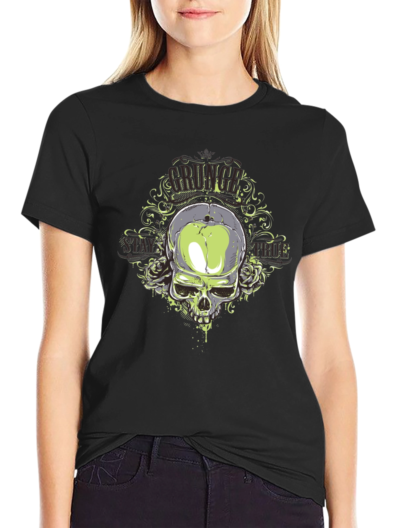 Grunge Skull Graphic Print Black T-Shirt