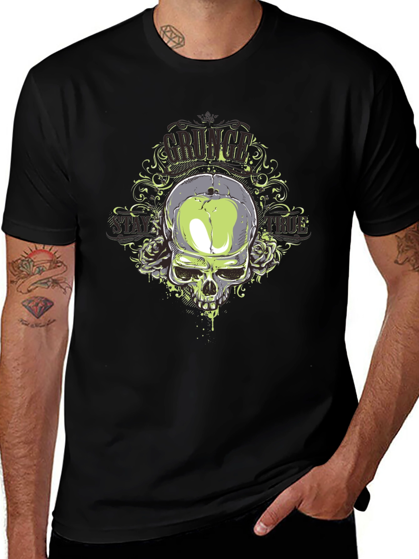 Grunge Skull Graphic Print Black T-Shirt