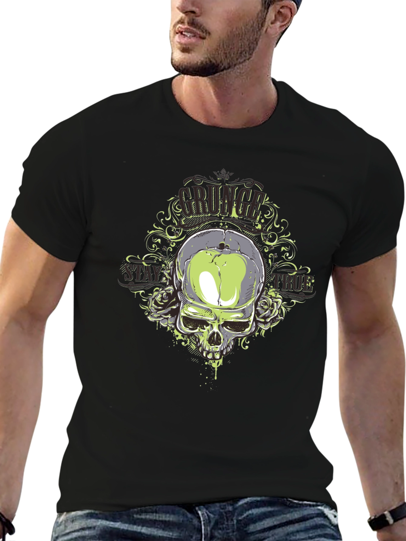 Grunge Skull Graphic Print Black T-Shirt