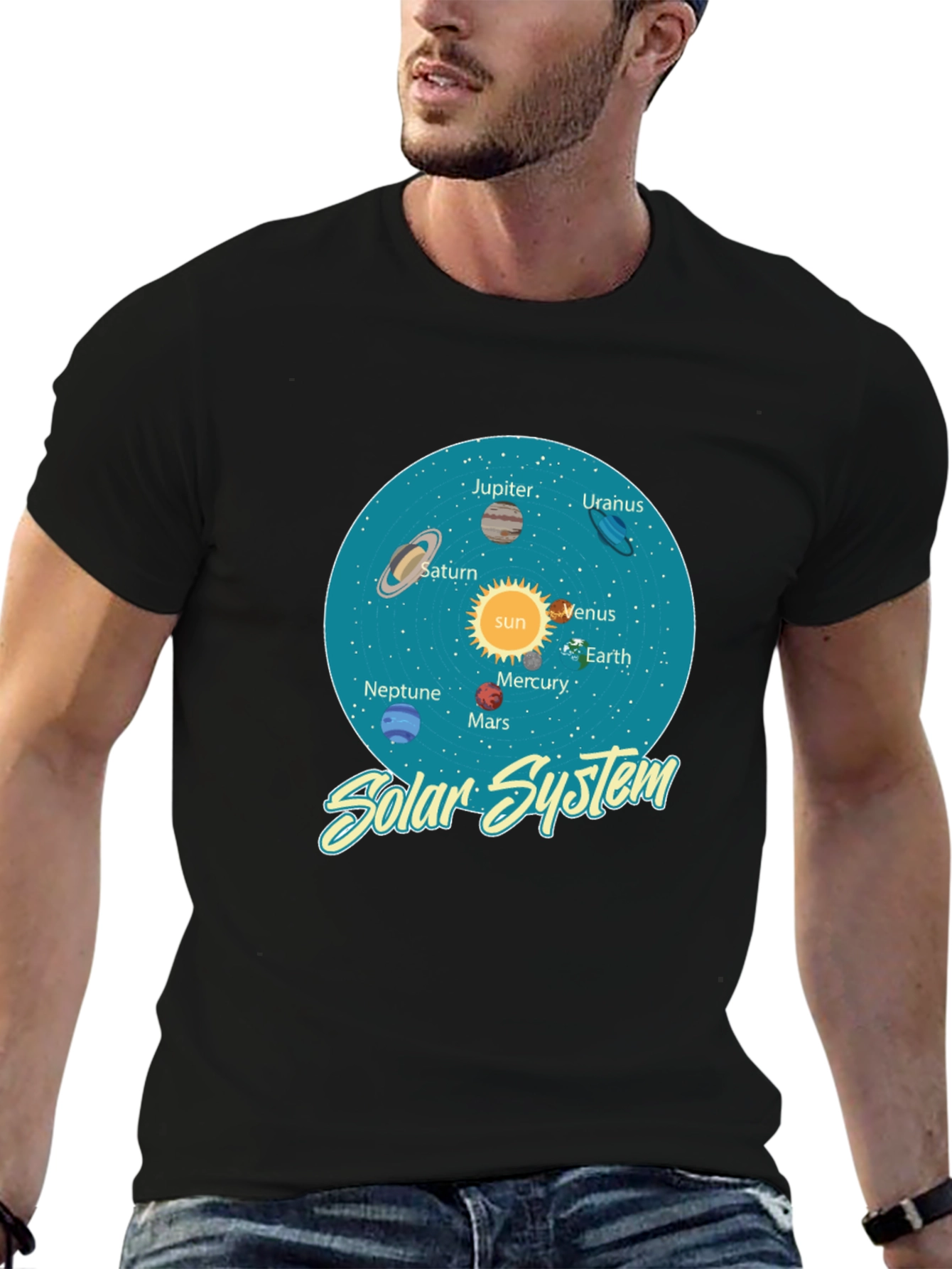 Solar System Graphic Print Mens Black T-Shirt
