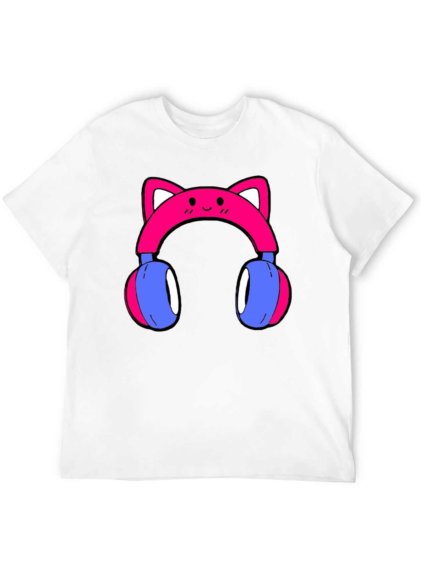 Cute Cat Ear Headphones Graphic Tee - Black