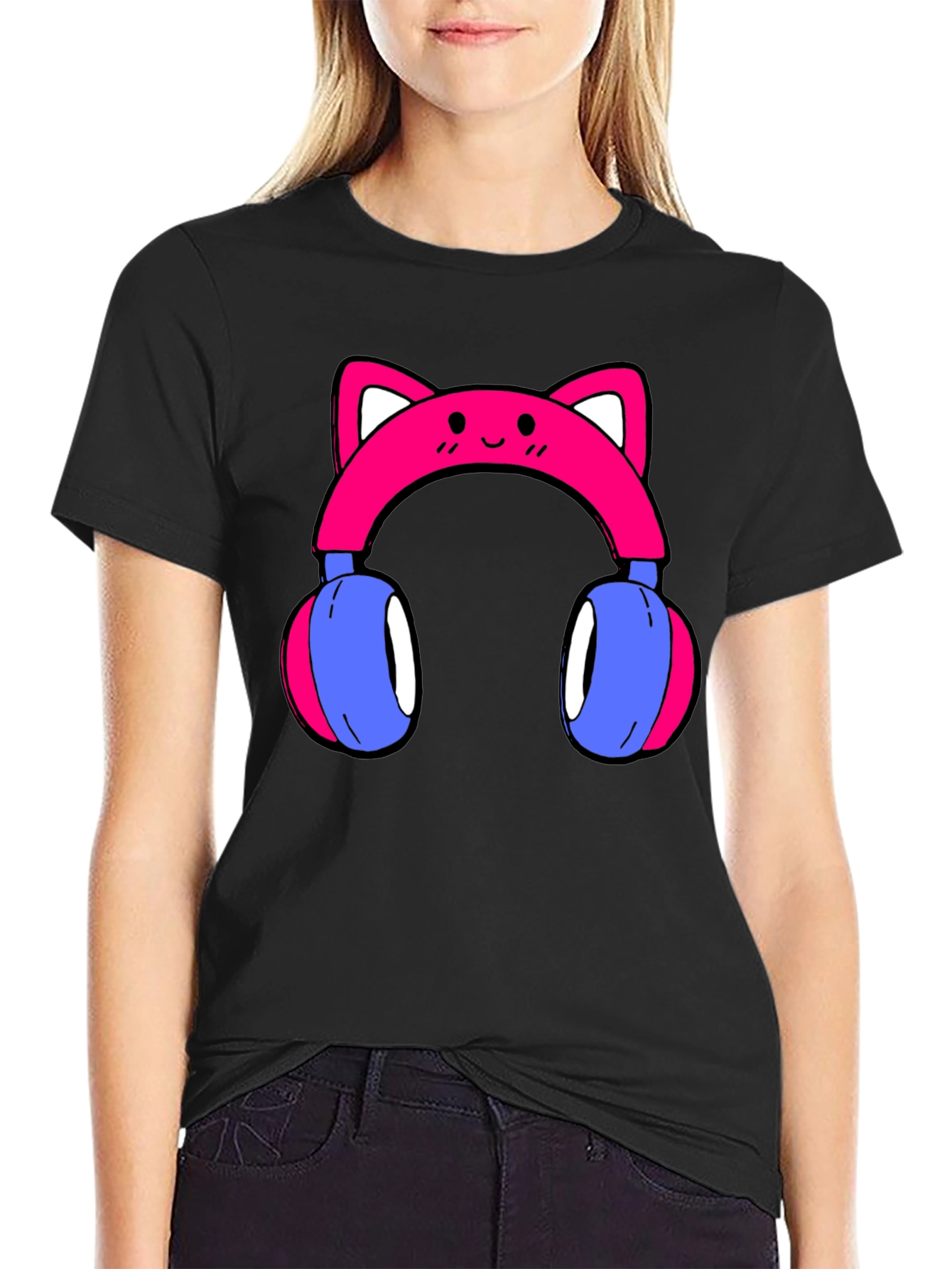 Cute Cat Ear Headphones Graphic Tee - Black