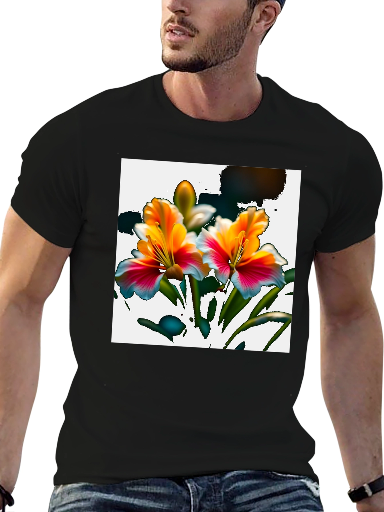 Floral Graphic Print Black Tee