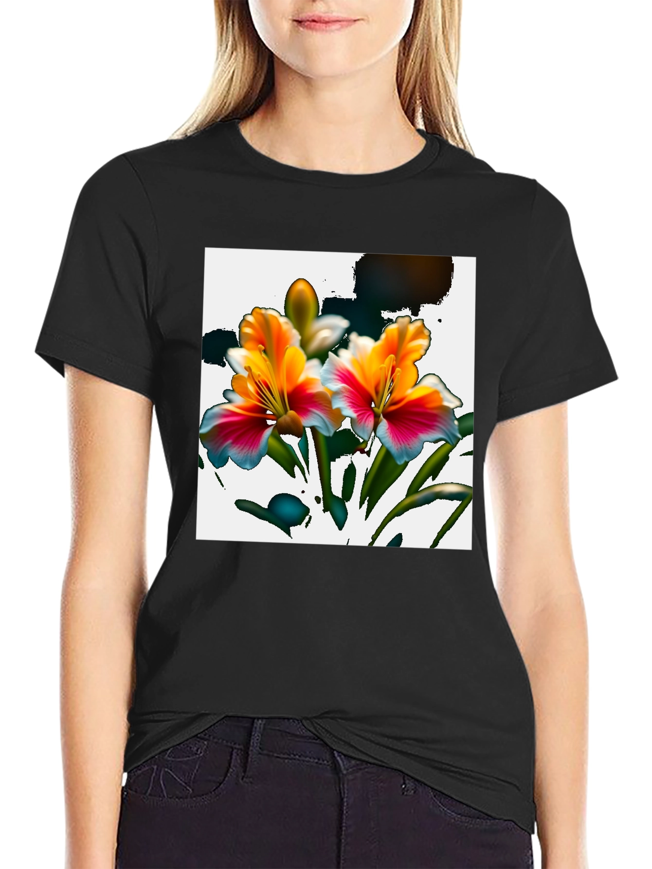 Floral Graphic Print Black Tee