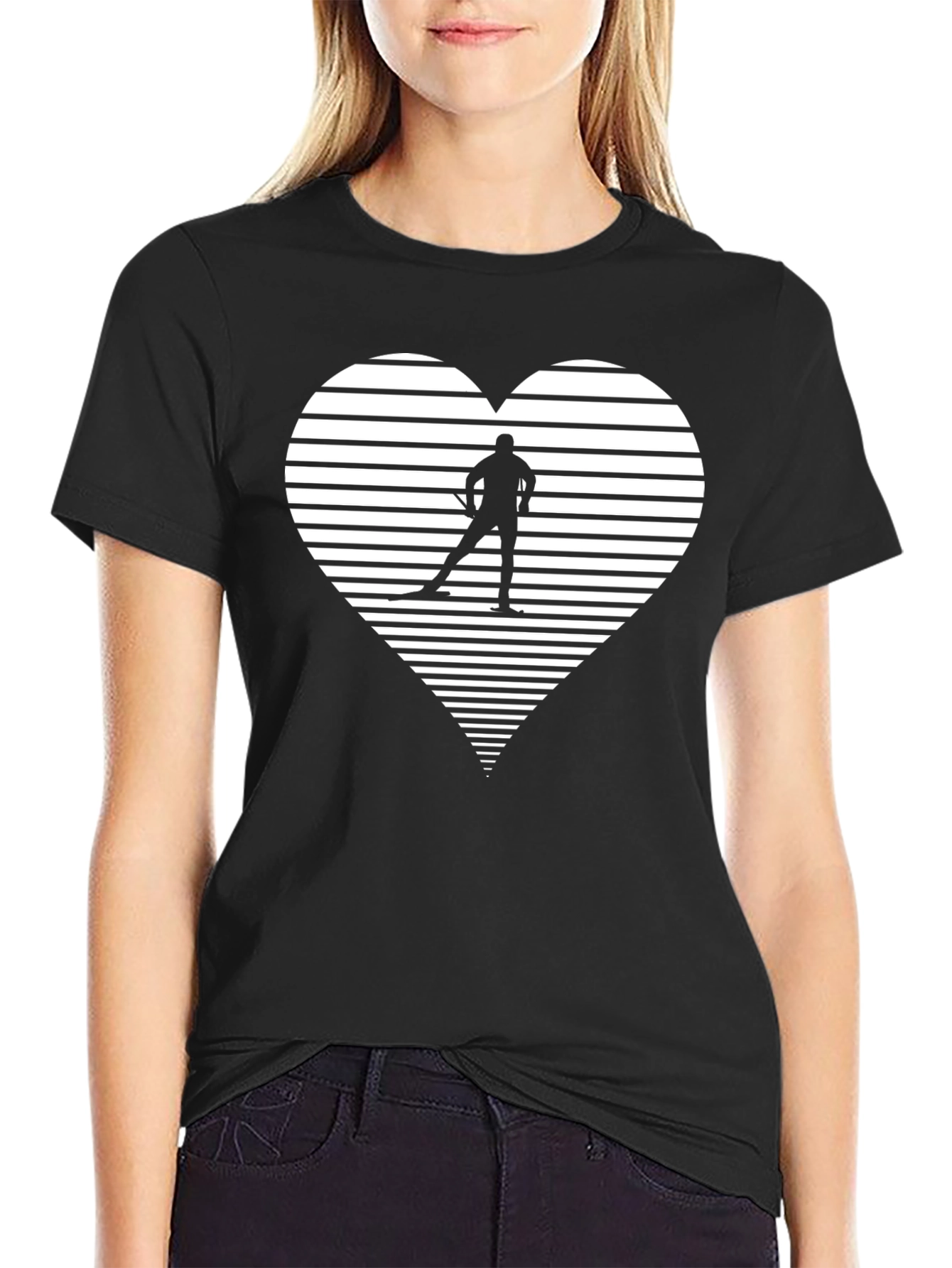 Skiing Heart Graphic T-Shirt - Black