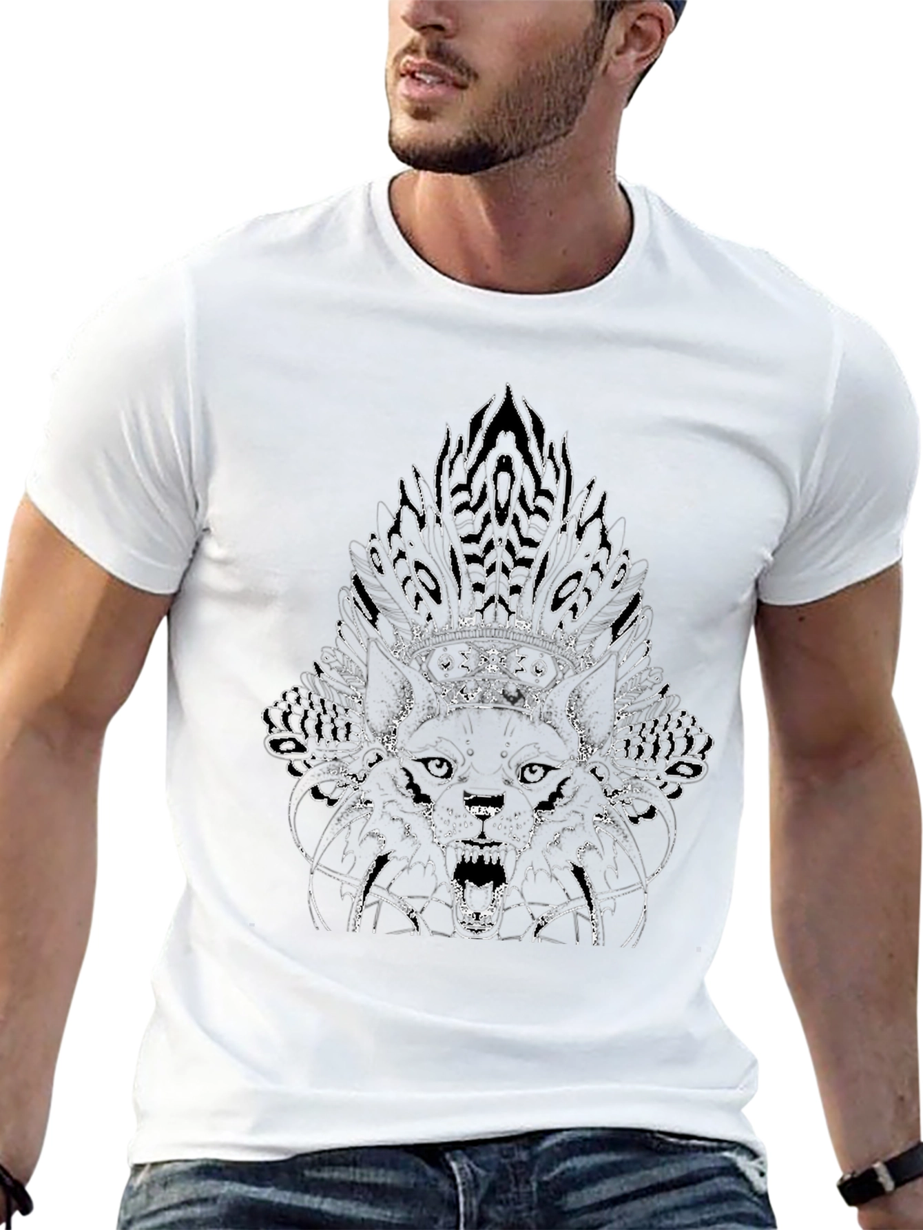 Wolf Headdress Graphic Print Black T-Shirt