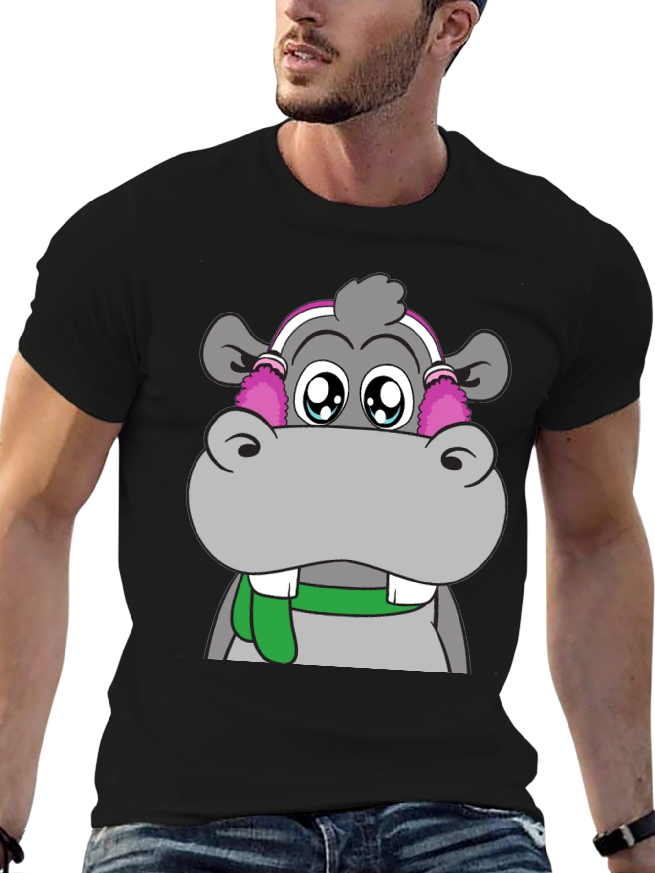 Hippo Headphones Graphic Tee - Cool Black T-Shirt
