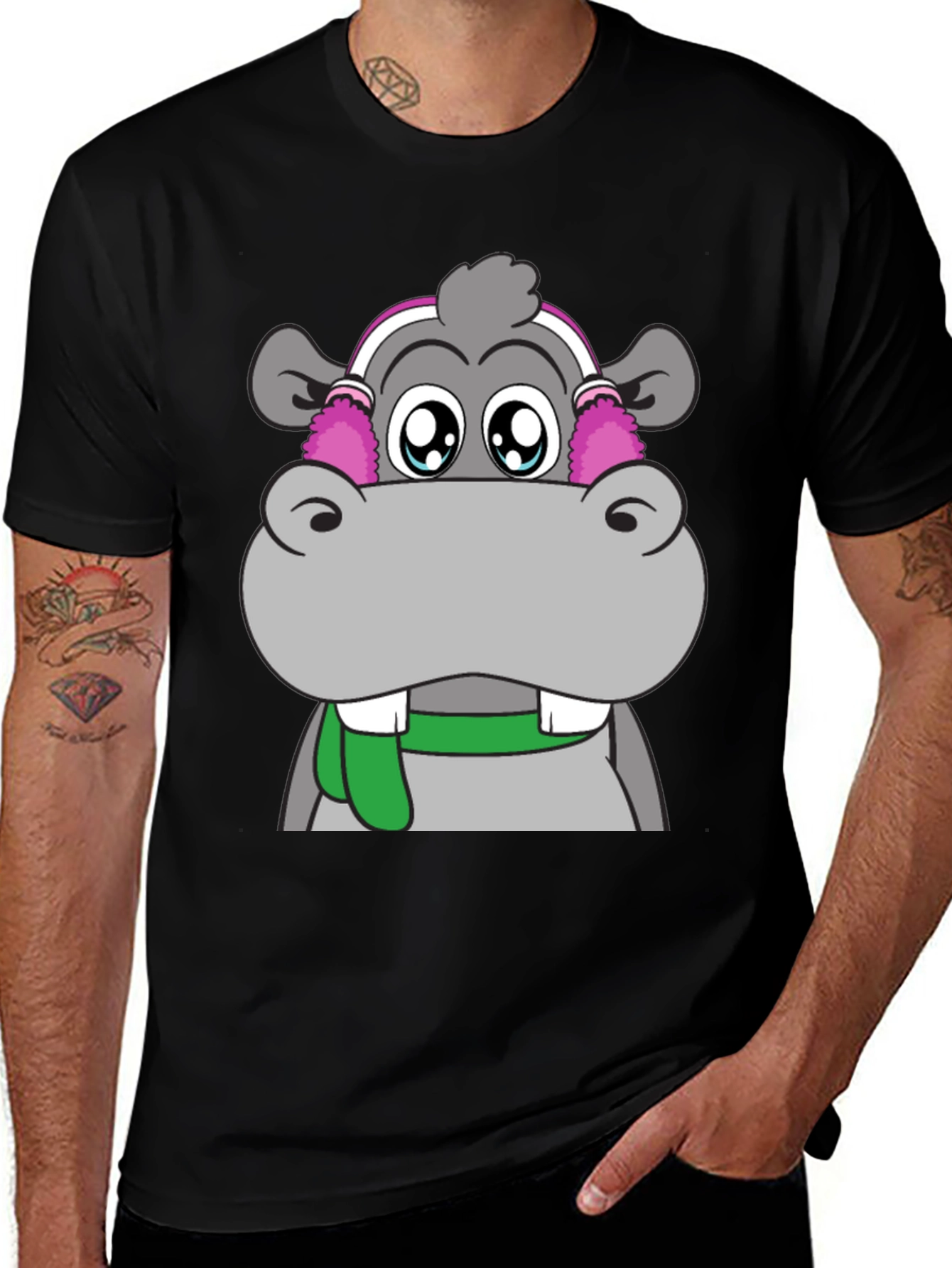 Hippo Headphones Graphic Tee - Cool Black T-Shirt