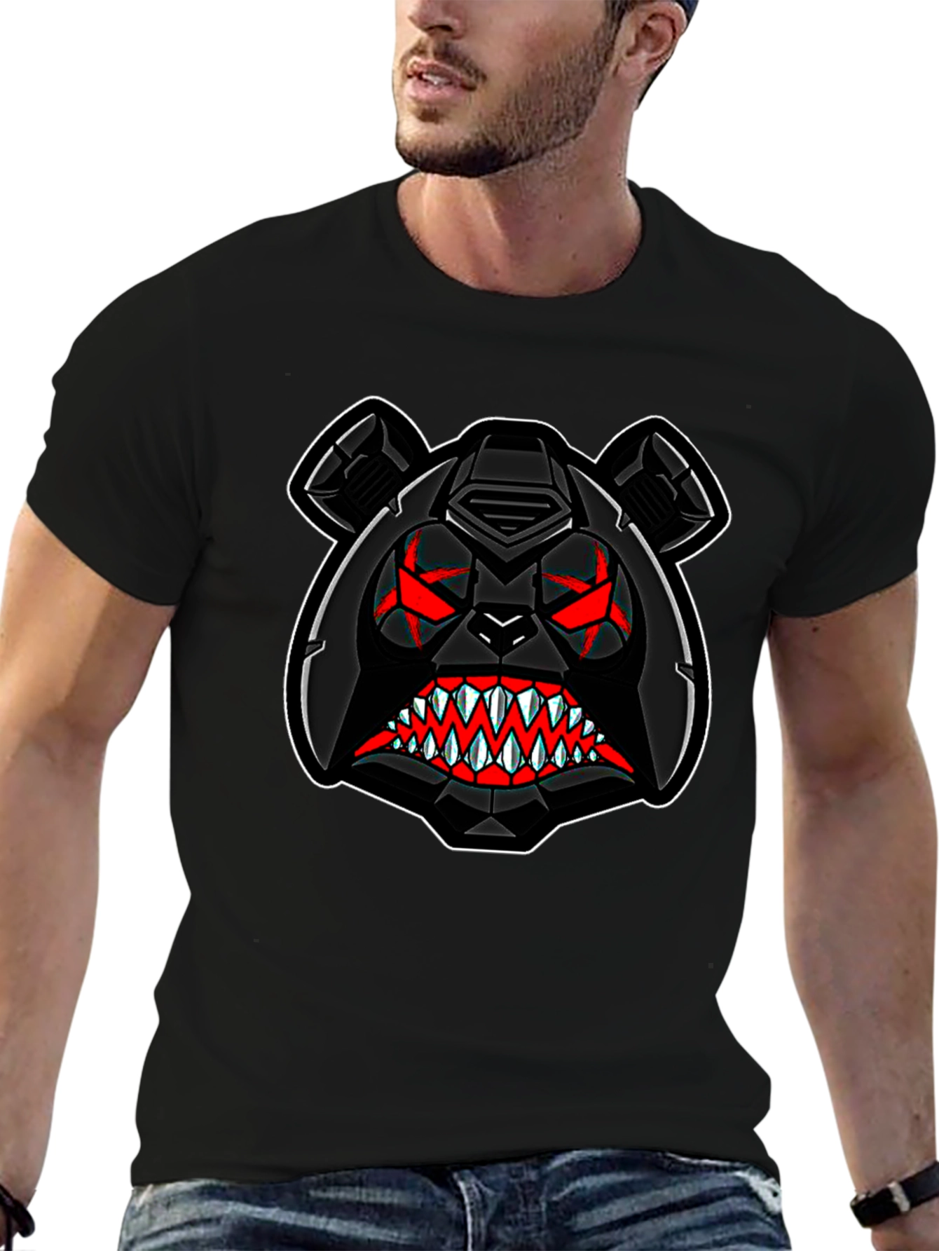 Mens Black T-Shirt with Aggressive Bear Graphic