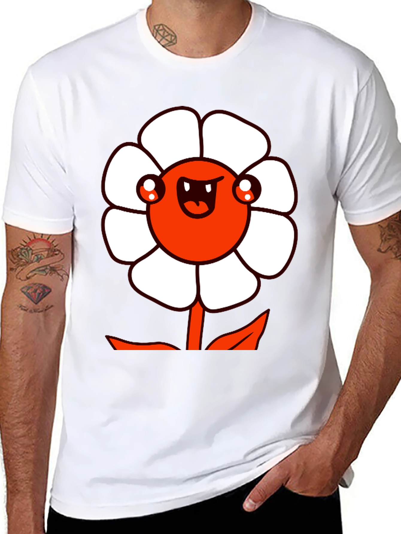 Mens Black Graphic Tee - Cartoon Flower Design