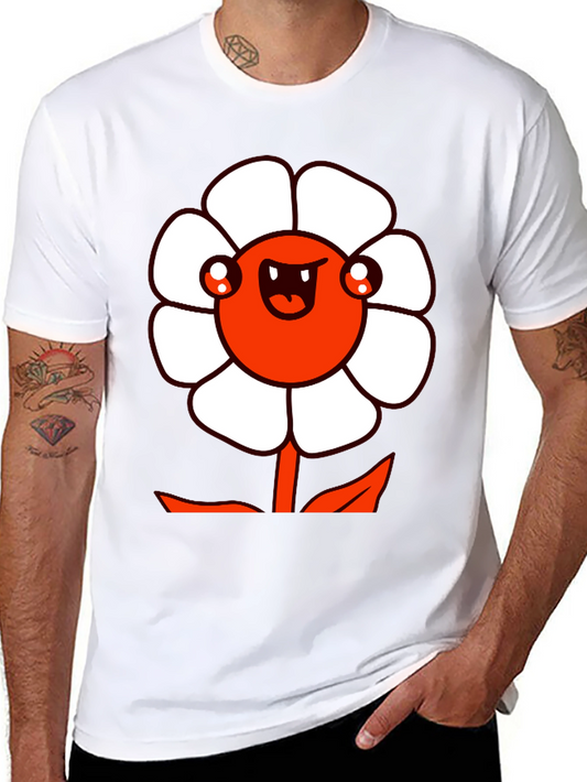 Mens Black Graphic Tee - Cartoon Flower Design